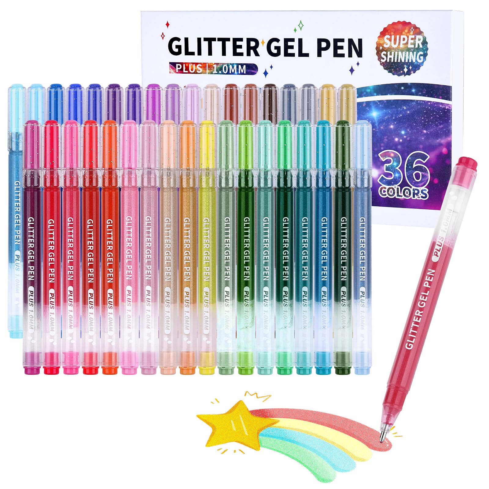 KEMYR Glitter Effect Gel Pens, 36 Colors Sparkle Colored Gel Markers for Adult Coloring Books, Metallic Glitter Pens for Drawing, Scrapbooking, Writing, Doodling