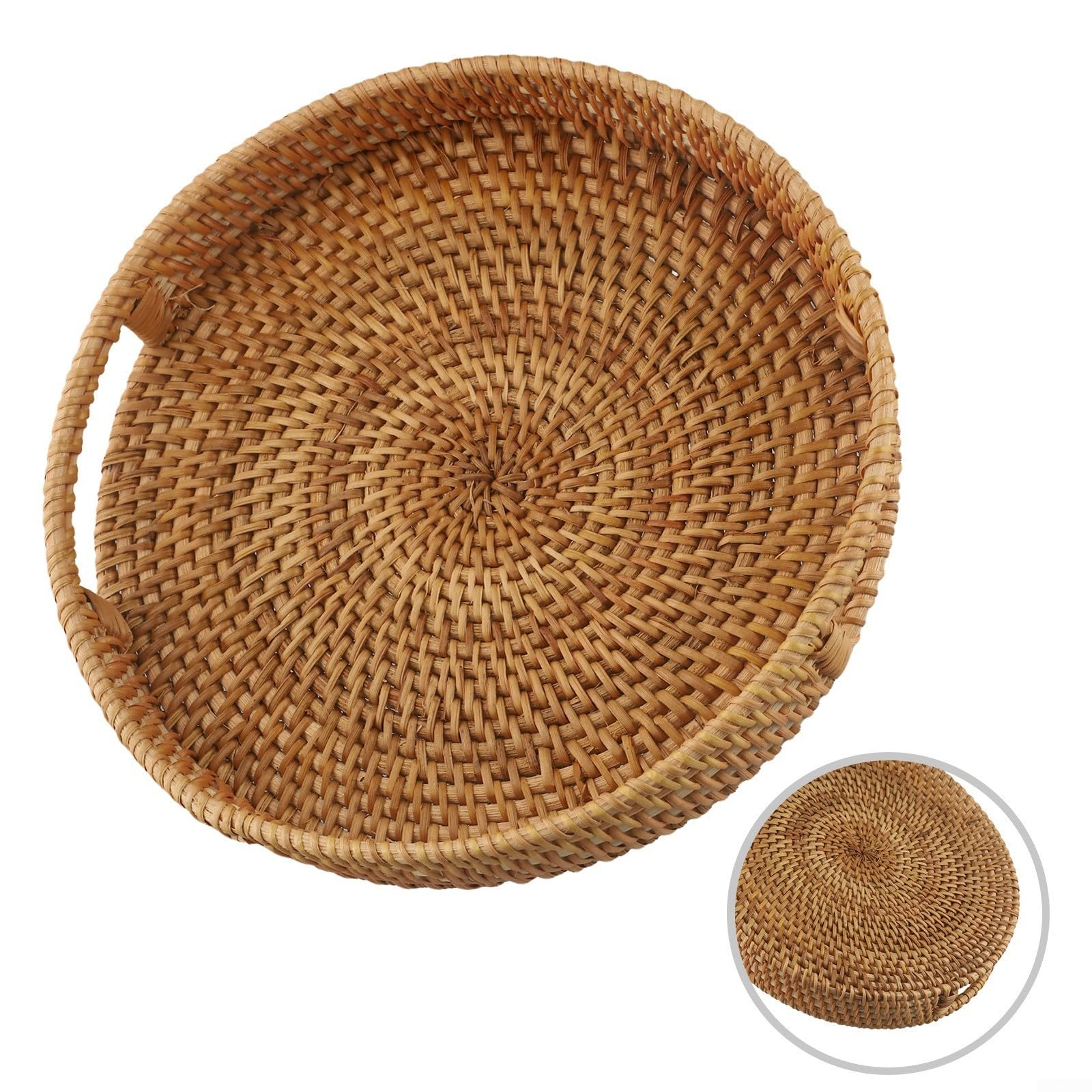 Bandeja de servir, bandeja redonda tejida de ratán para cocina, picnic y mesa de café, cesta de almacenamiento para frutas, pan y decoración del hogar (25 cm)