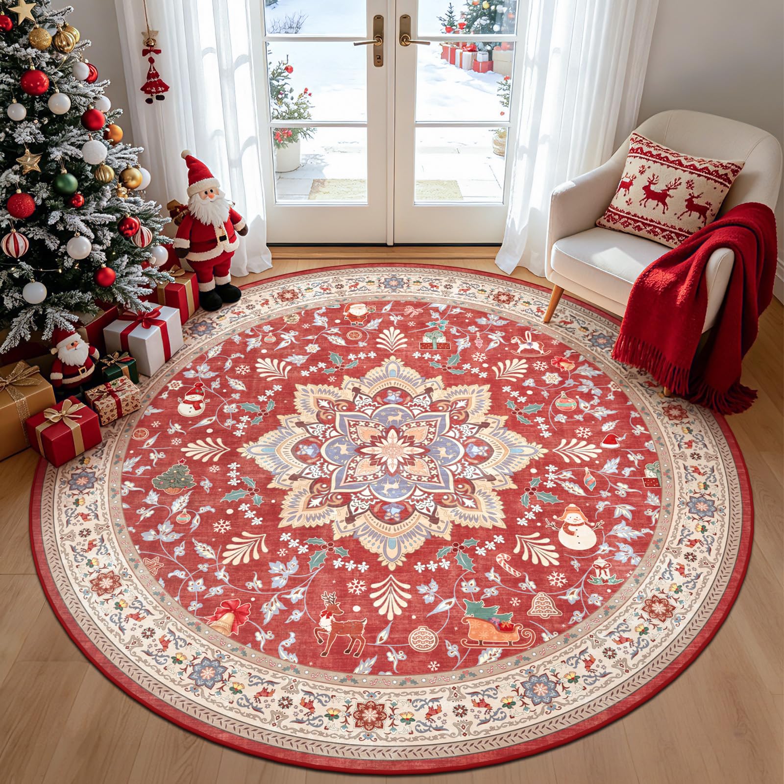 TUKDAK Red Christmas Round Rug for Living Room 150cm Washable Non Slip — image 1