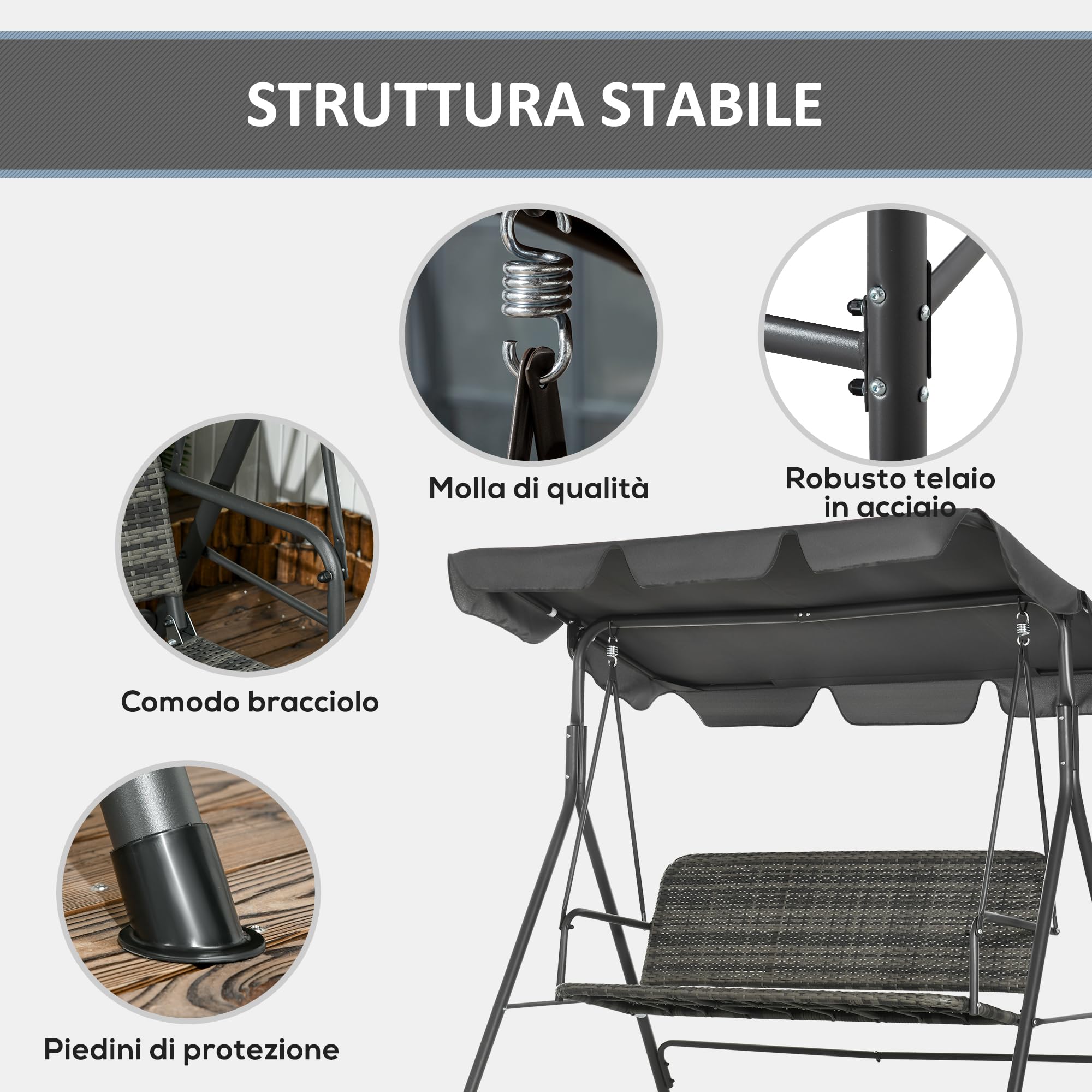 Outsunny Balancelle de Jardin 3 Places avec Toit Pare-Soleil réglable, balançoire d'extérieur avec Assise Respirante en rotin PE et Acier, Charge jusqu'à 240 kg, 167 x 112 x 153 cm, Gris foncé