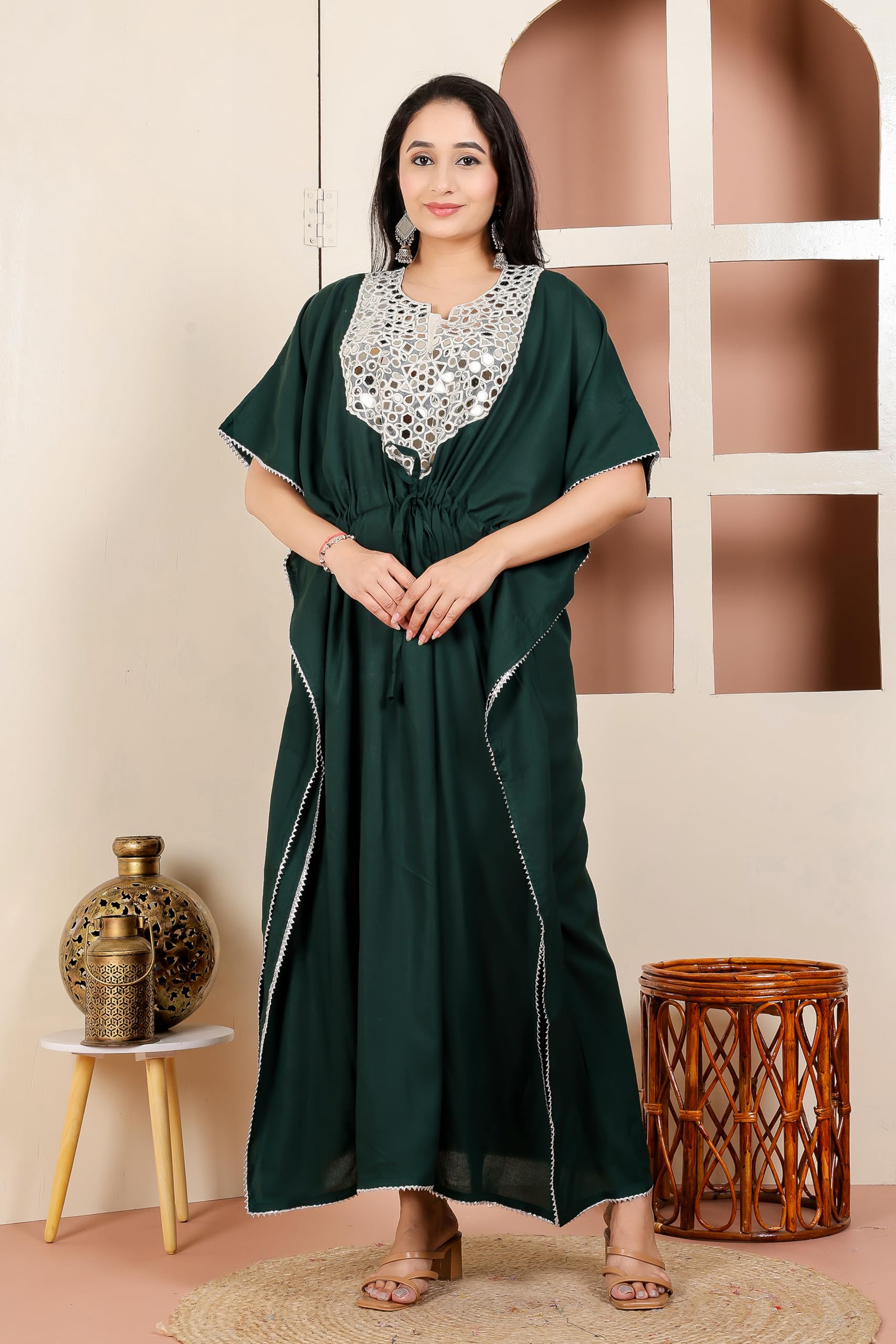 Elegant Mirror Work Kaftan for Women with Designer Neck & Adjustable Waist | Free Size Ethnic Wear. Black-image-45
