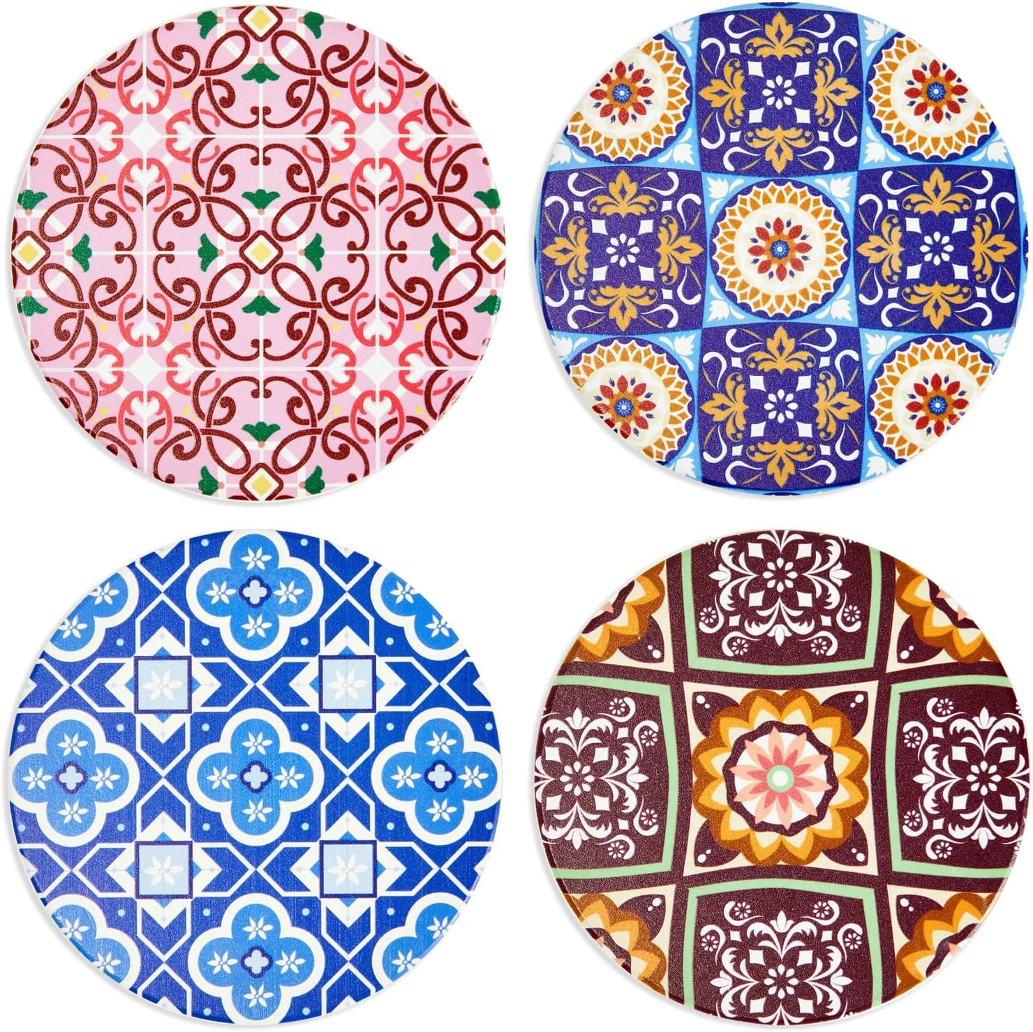Mediterranean Ceramic Coasters with Cork Base and Iron Holder, Set of 8