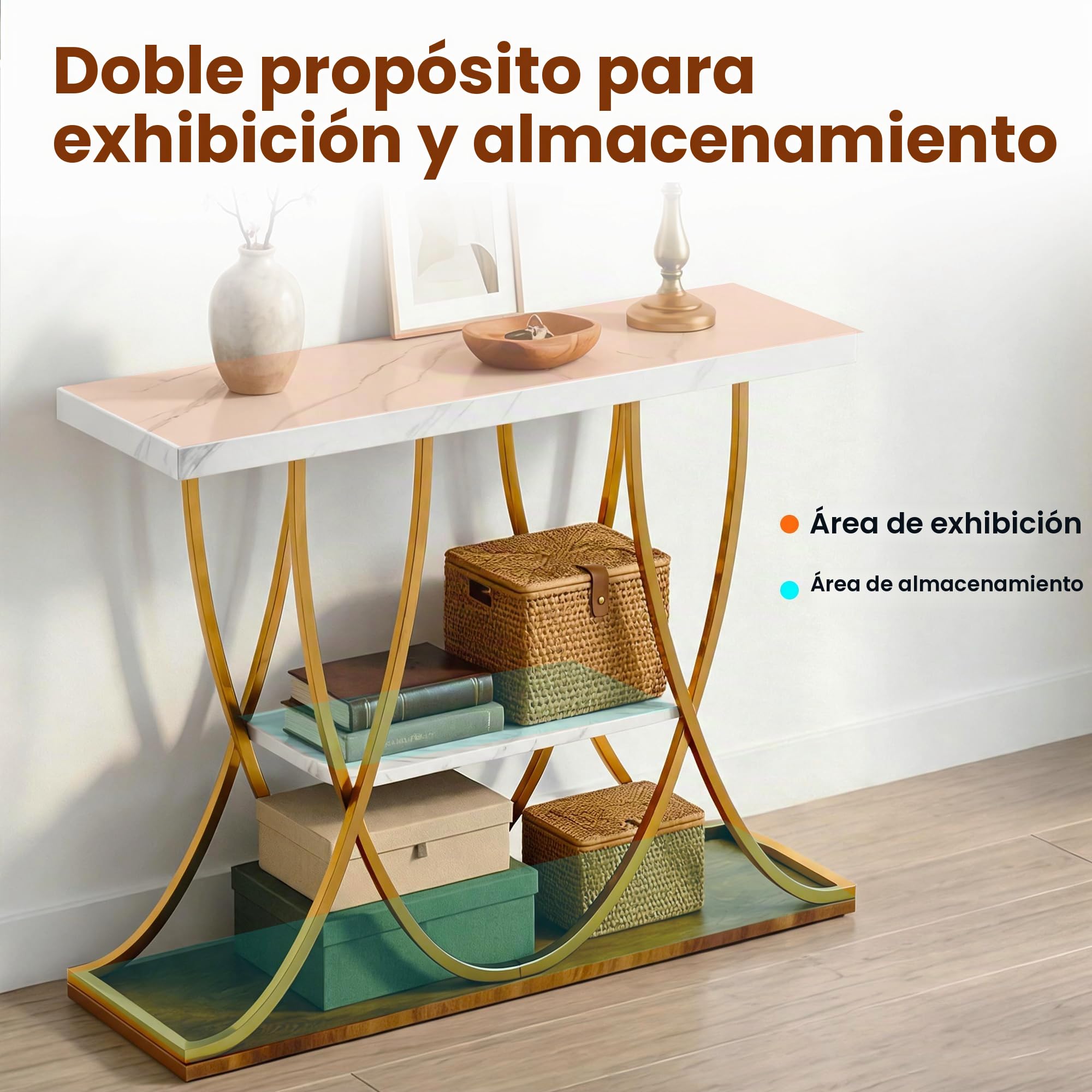 Consola de 3 Niveles con Estructura metálica Curvada, Dorado