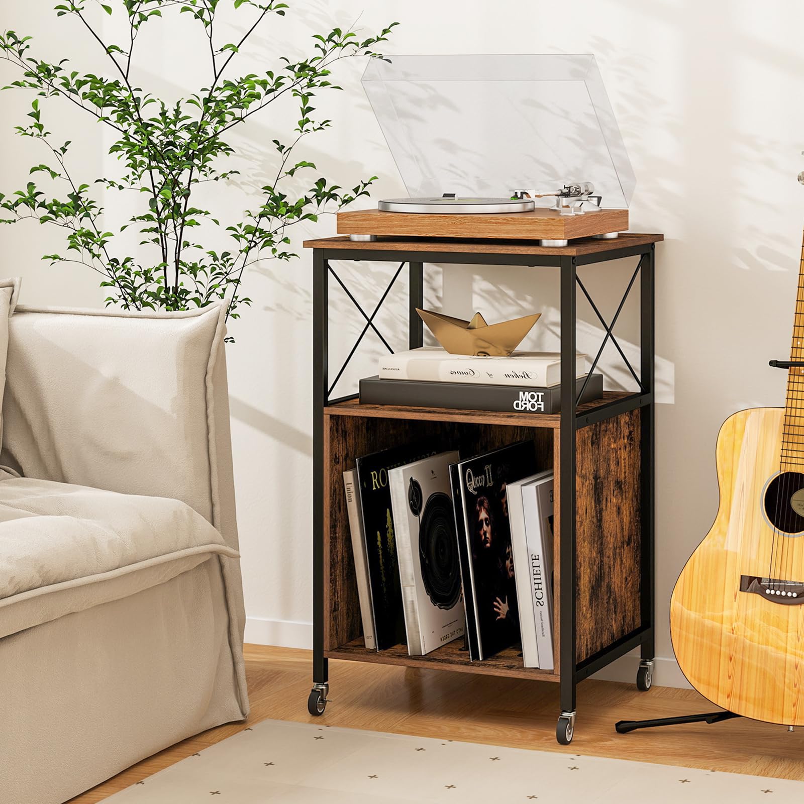 COSTWAY Schallplatten Aufbewahrung Ständer, Schallplattenständer mit integrierter Ladestation, Beistelltisch Holz, Plattenspieler-Stand für Vinyl, Brown Records Regal für Wohnzimmer Schlafzimmer