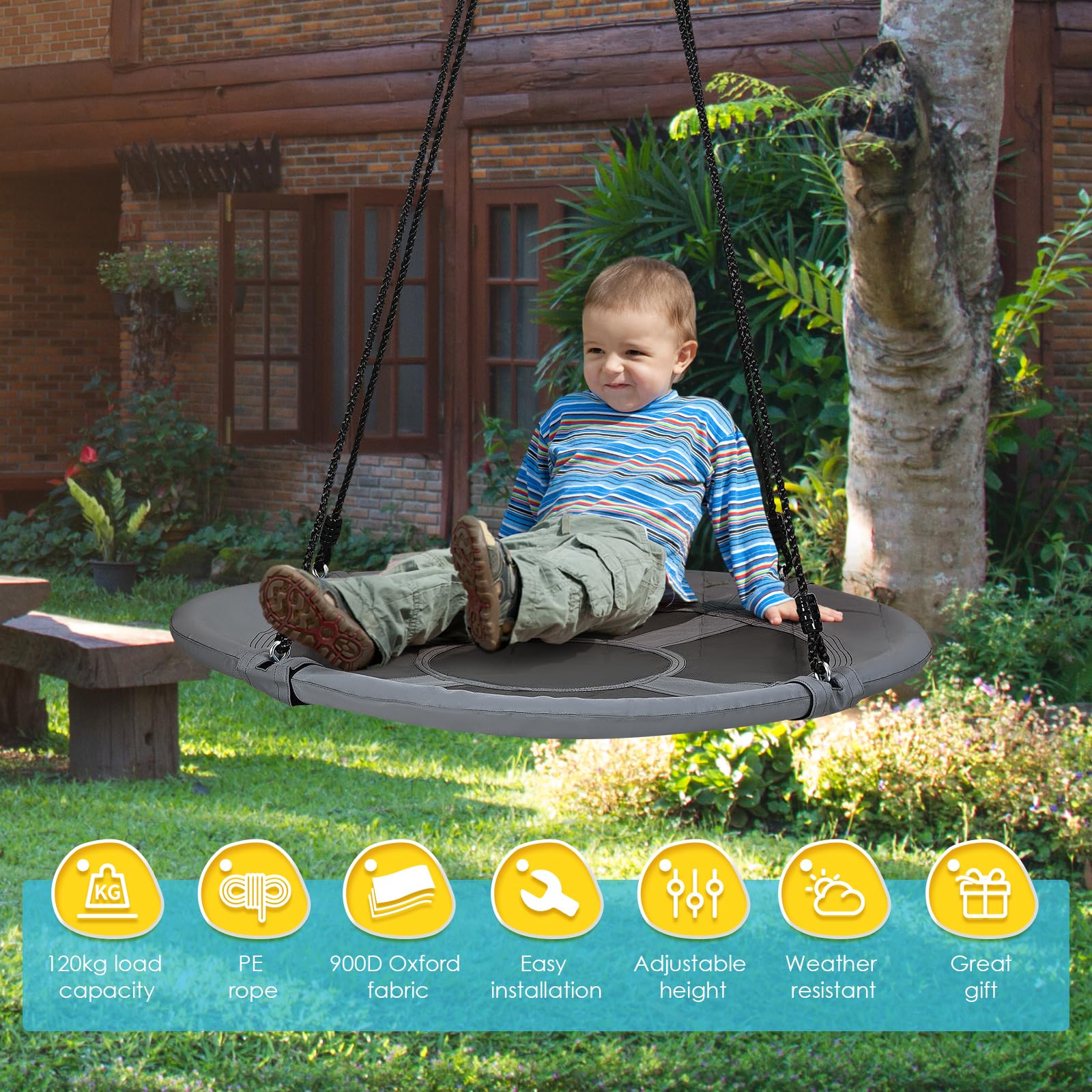 Columpio nido de 120 cm para niños, columpio redondo regulable en altura para varios niños, 2 modos de suspensión, carga de 120 kg, para interior, exterior y habitación infantil