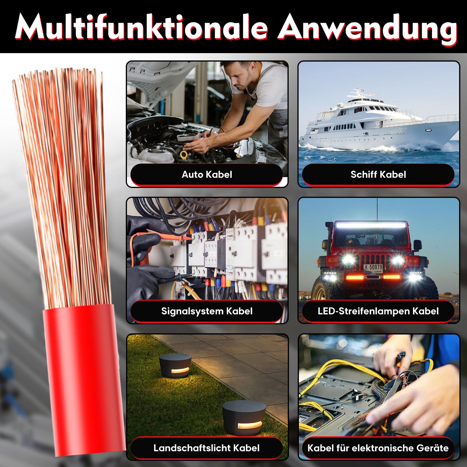 Vehicle Cable 2,5 mm², PVC Electrical Wire 5 M x 5 Colores, Copper Electrical Cable, Cable de Alimentación FLRY-B para Auto, Rojo/Negro/Azul/Verde/Amarillo