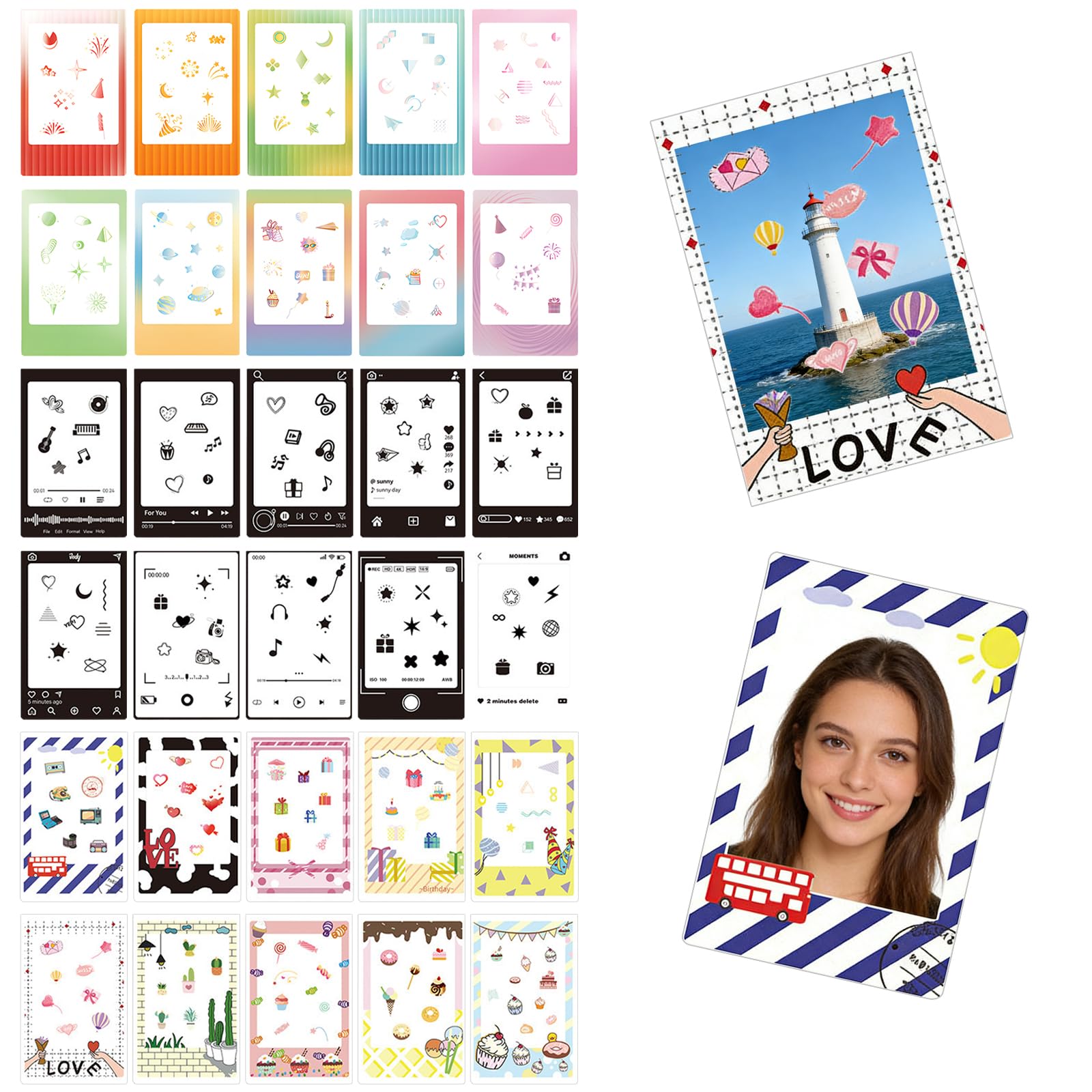 30er-Pack 7,6-cm Fotorahmen-Sticker, kompatibel mit Fujifilm Instax Mini EVO/LiPlay/SE/12/11/9/8/7S/40/41/70/50S/90 & Polaroid – 2×3 Sofortbildrahmen, selbstklebende klare Mini-Filmsticker