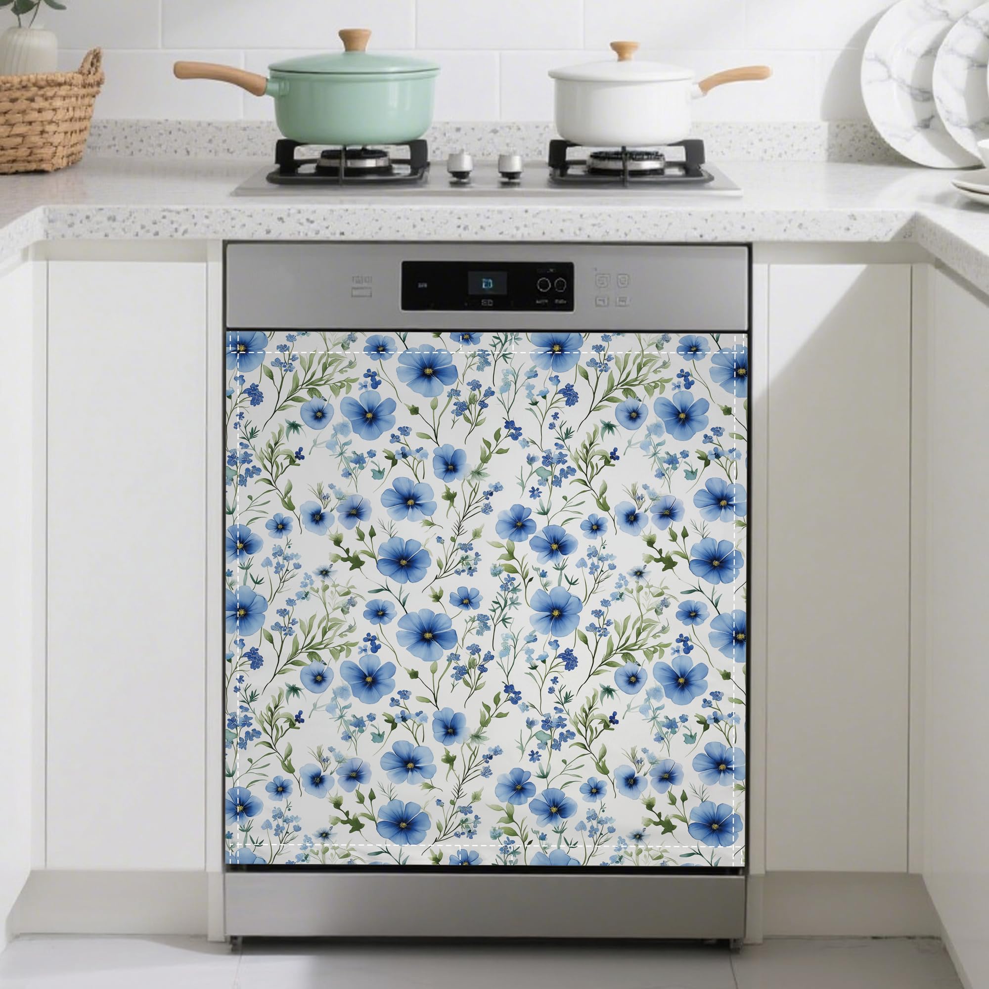 Blue Floral Magnetic Dishwasher Cover,Cornflower Dishwasher Covers for The Front Magnetic Dishwasher Panel Decal Cover for Kitchen 23x26inch