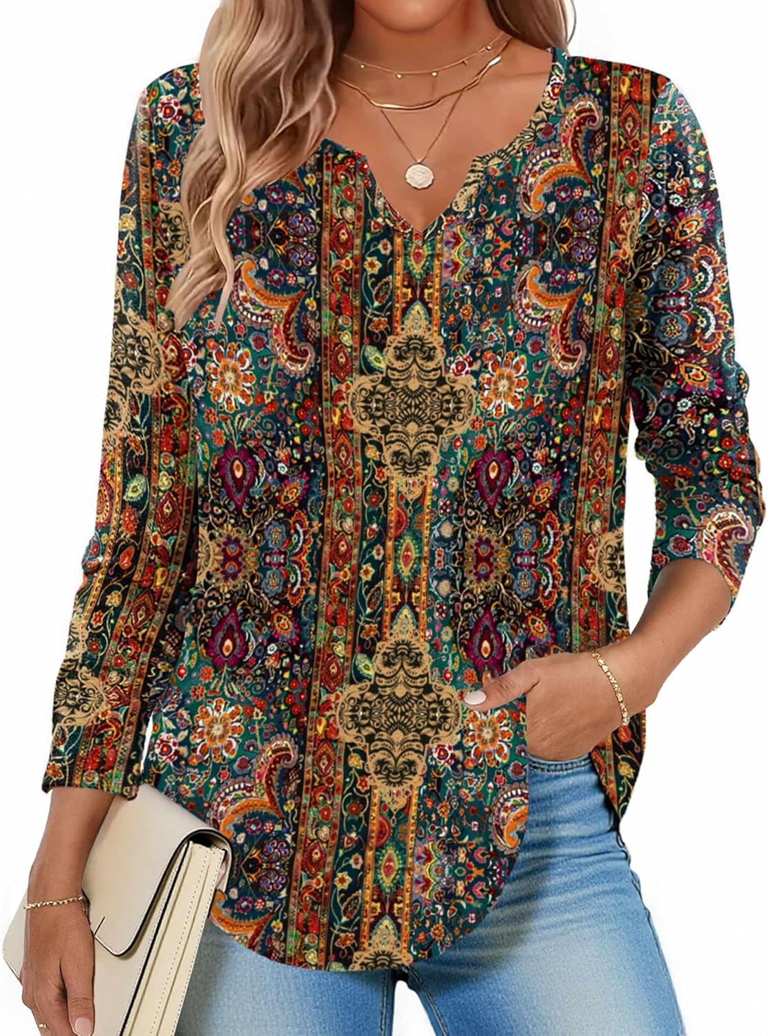 Zeagoo Boho Tops for Women Long Sleeve V Neck Fall Shirt Casual Dressy Blouse Tunic Business Work Clothes School Outfits