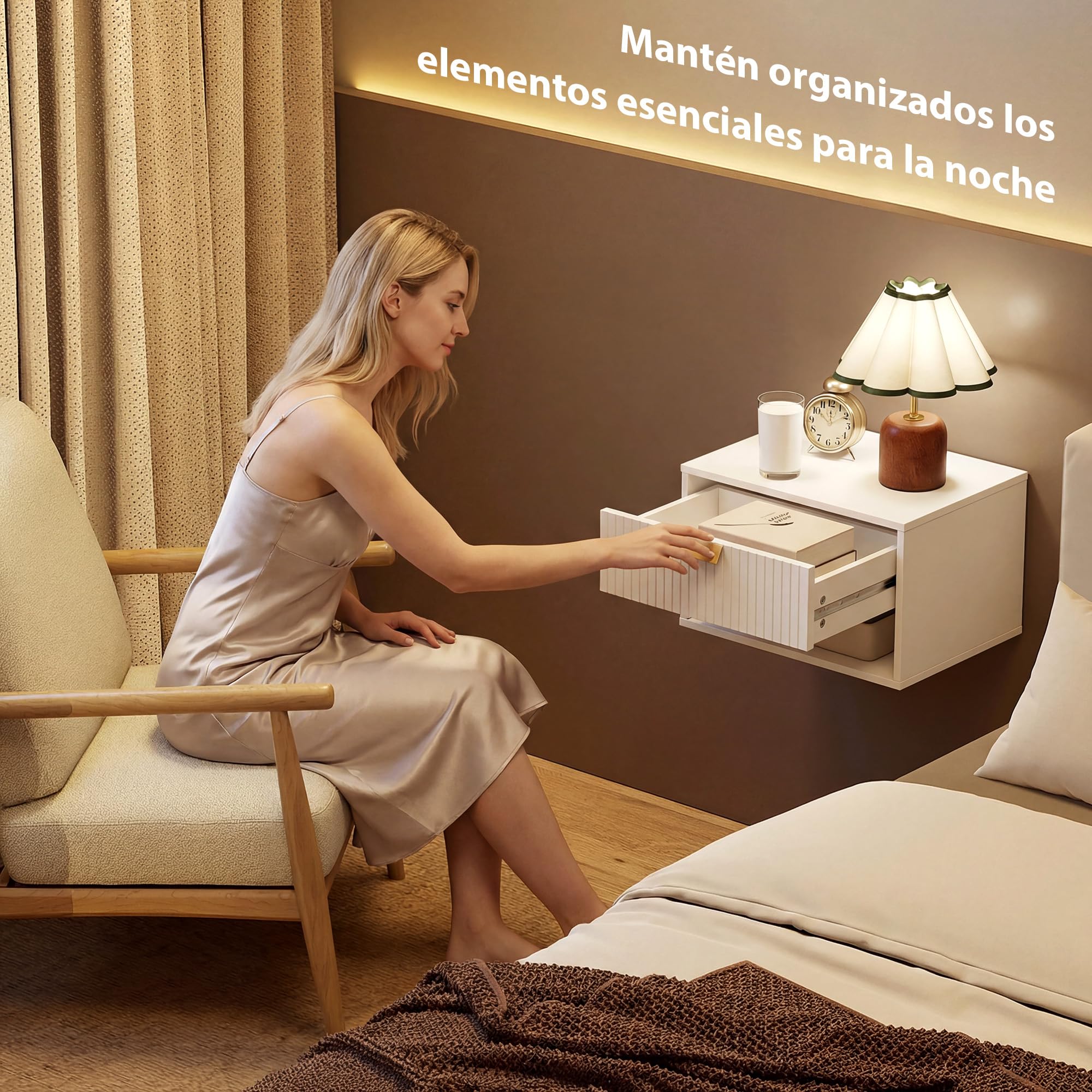 HOMCOM Juego de 2 Mesitas de Noche Flotantes con Cajón 40x30x25 cm Blanco | Mesillas de Noche, Frente Ondulado, Estante Abierto, Diseño Moderno, para Dormitorio