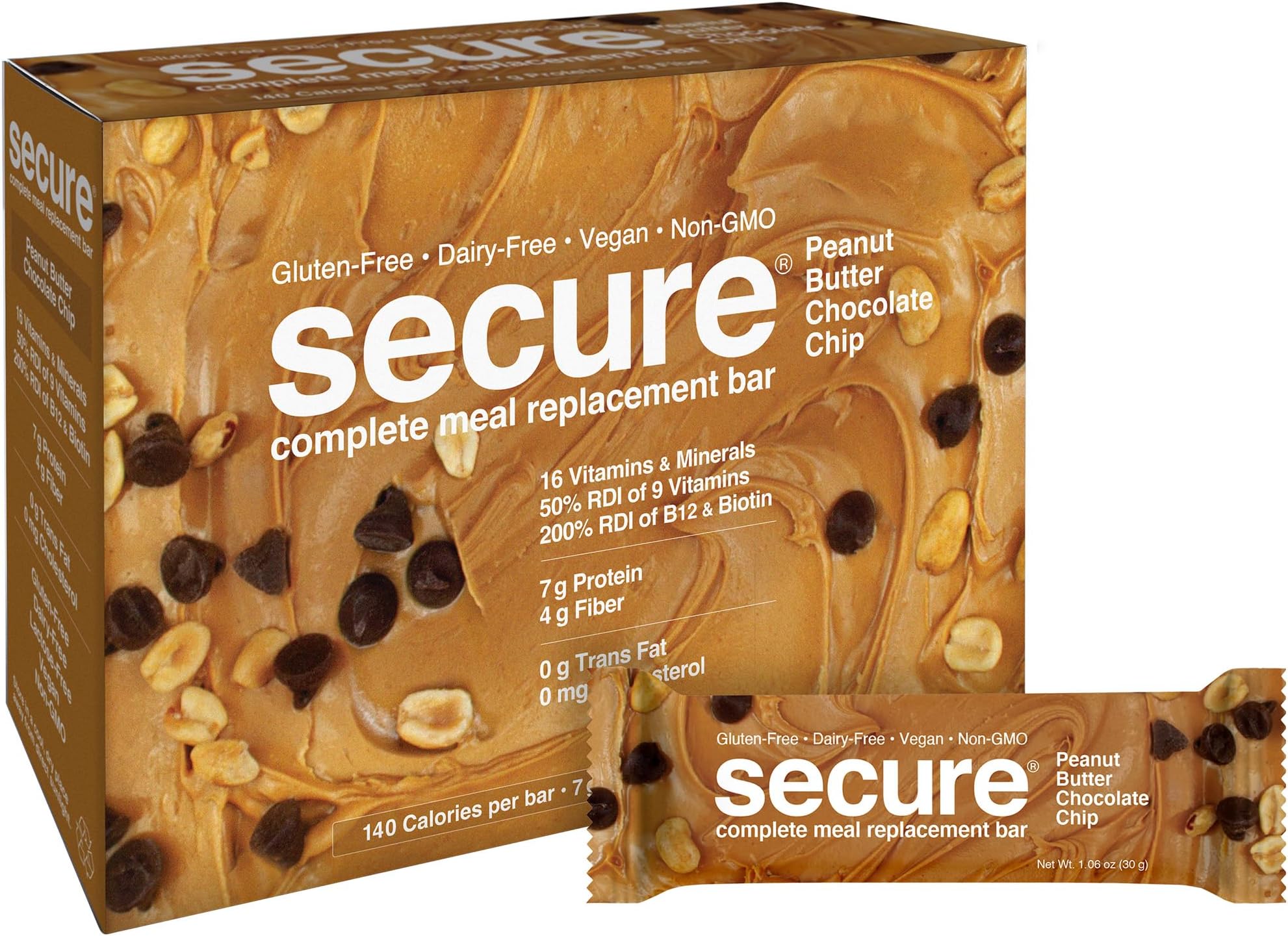 ANDREW LESSMAN Secure Complete Meal Replacement Bars - Peanut Butter Chocolate Chip - 12 ct box - 7g Protein Bars. 11 Vitamins plus Inulin Fiber. Low Calorie. Gluten and Dairy-Free, Vegan, Non-GMO