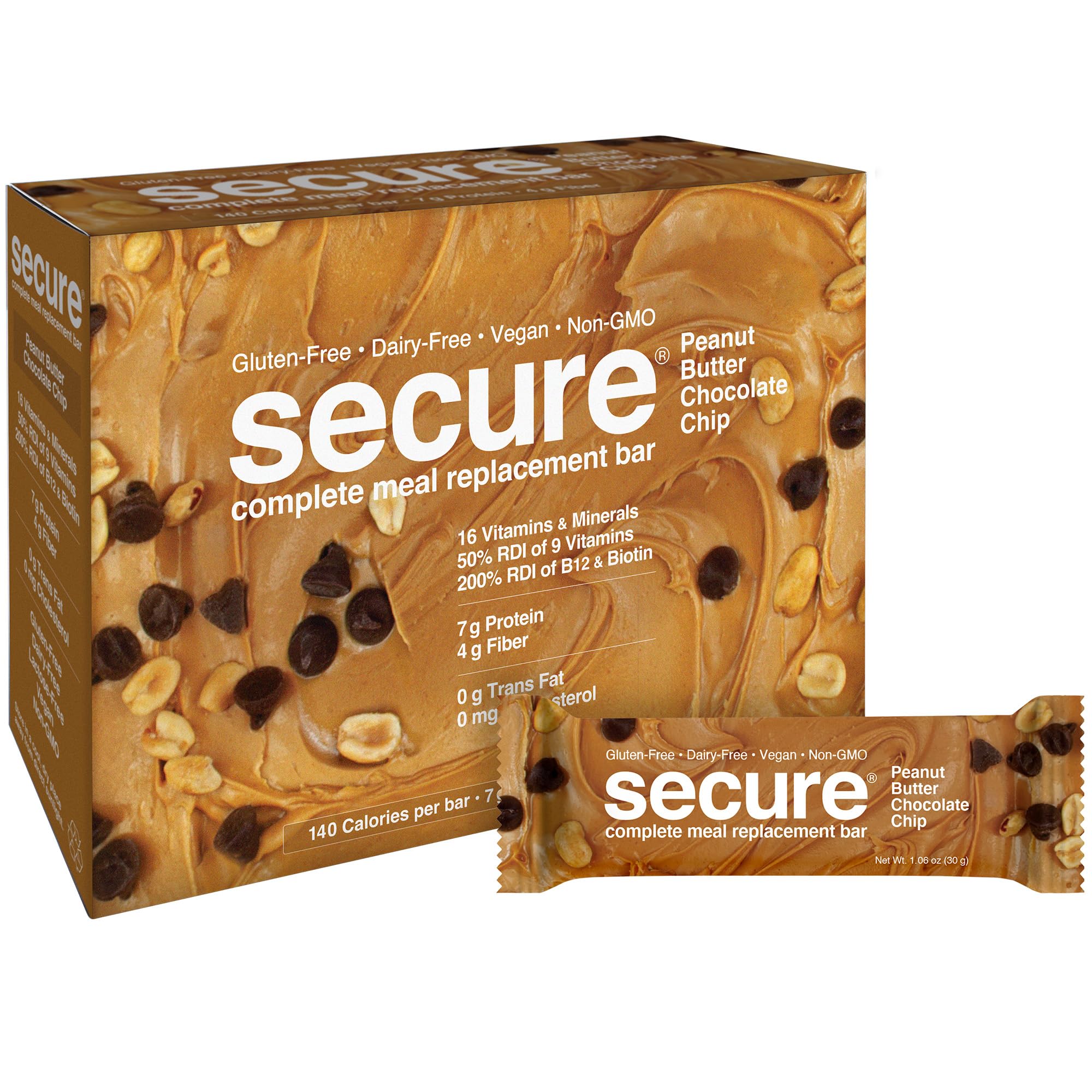 ANDREW LESSMAN Secure Complete Meal Replacement Bars - Peanut Butter Chocolate Chip - 12 ct box - 7g Protein Bars. 11 Vitamins plus Inulin Fiber. Low Calorie. Gluten and Dairy-Free, Vegan, Non-GMO