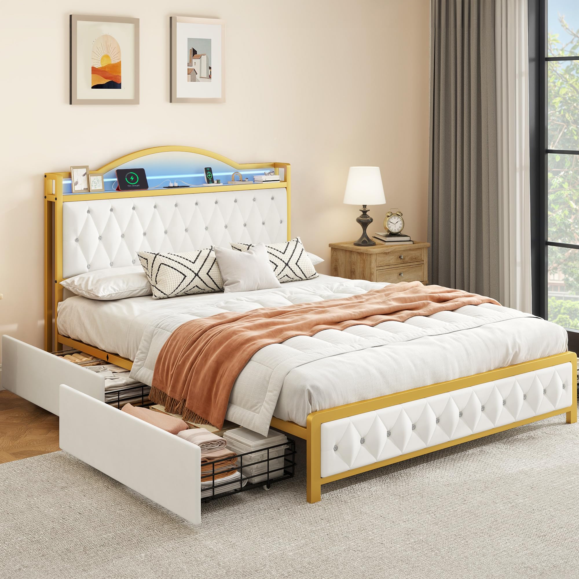 DWVO Queen Bed Frame with LED Lights, Platform Upholstered Bed with 4 Storage Drawers and Charging Station, Crystal Button-Tufted Headboard Footboard, No Box Spring Needed - Gold