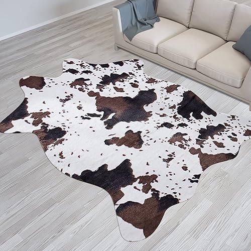 Fixseed Faux Fur Cowhide Rug for Living Room, 5.2 x 6.2 Feet, Cute Non Slip Animal Print Area Rug, Cow Hide Print Rug Large for Western Hoom Decor