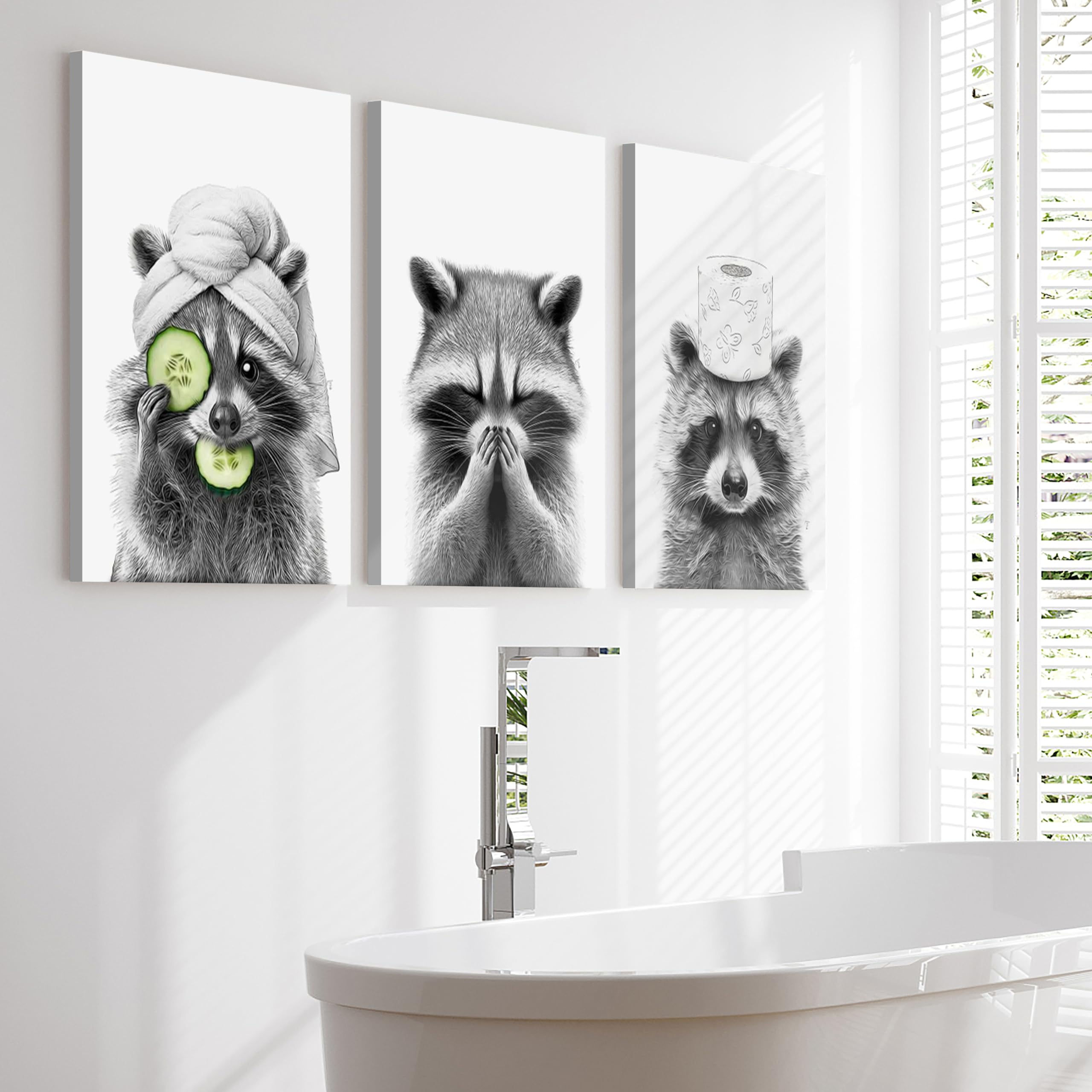 Wanddekor Mit Waschbär-Motiv – Set Aus 3 Tierdrucken Im Holzrahmen 61x40,6cm Für Bad & WC | Rustikale Deko