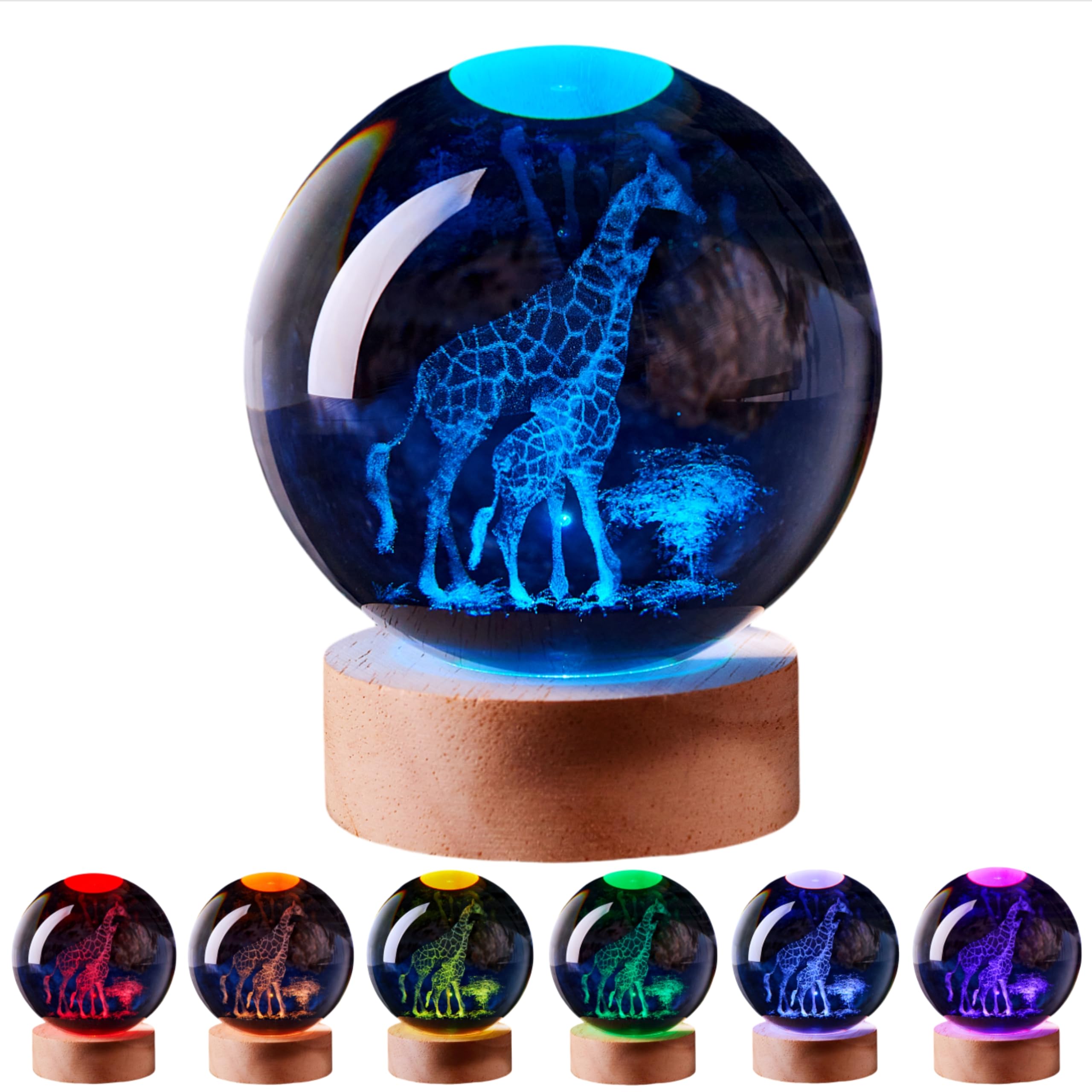 3D Large Giraffe Crystal Ball Night Light with Wooden Base, Giraffes Crystal Lamp Gift for Kids Wife Friends, 16 Color Changing with Remote Control,