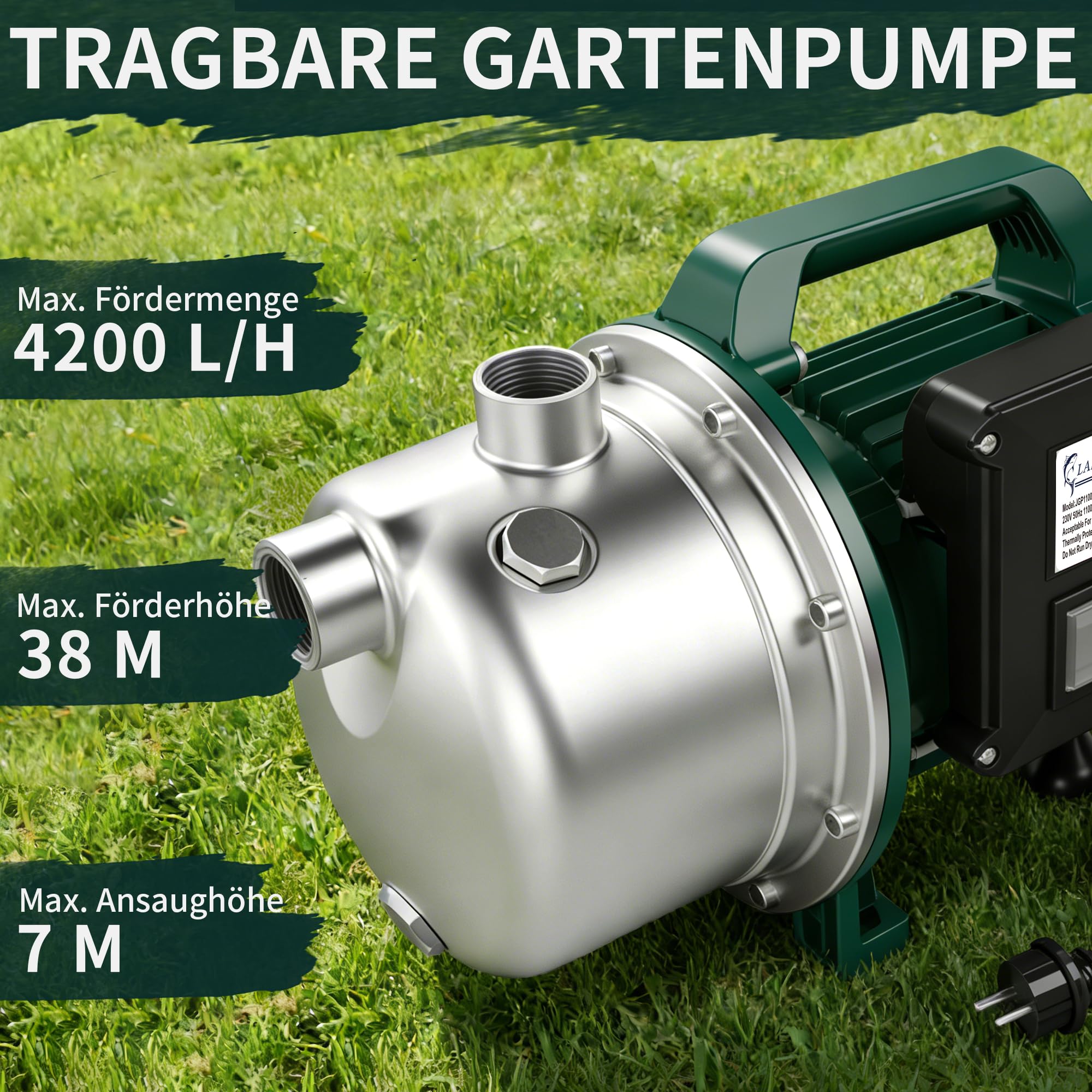 LANCHEZ Gartenpumpe 4200 l/h Fördermenge, Leistung 600 W, 38m Förderhöhe, Ansaughöhe bis zu 7 m, Wasserpumpe für Regenfässer, Zisternen, Gartenteiche