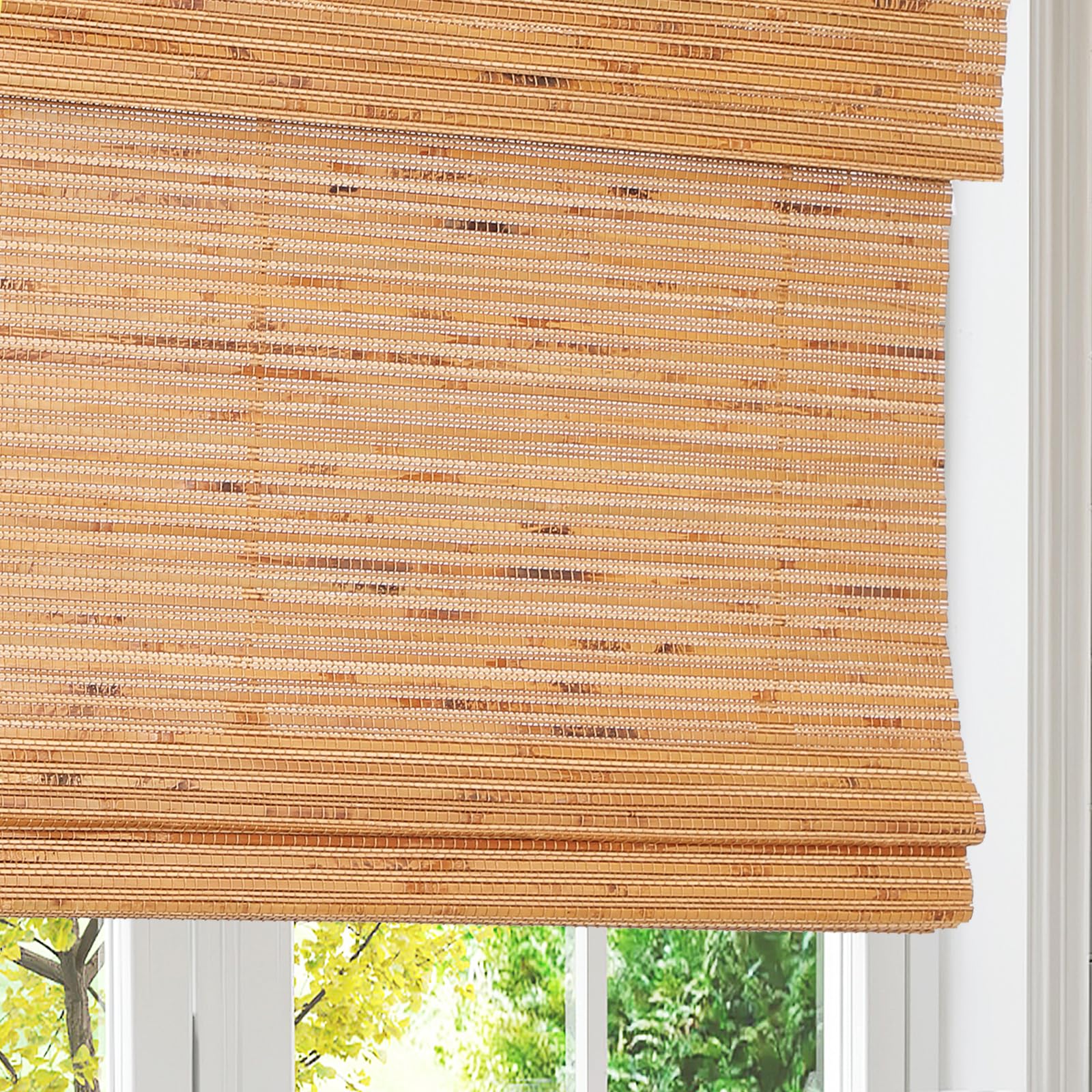 Artdix Bamboo Roman Shades, Cordless Walnut Custom Blackout Room Darkening Woven Wood Shades, Natural Bamboo Window Shades for Indoor Windows