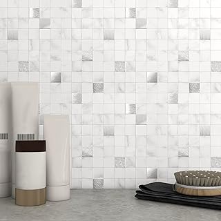 BeNice Tile Stickers for Kitchen Square Mosaic Tiles,Waterproof Tiles for Bathroom Stick on Splashback Tiles Self Adhesive Wall Tiles (5pcs Carrara White)