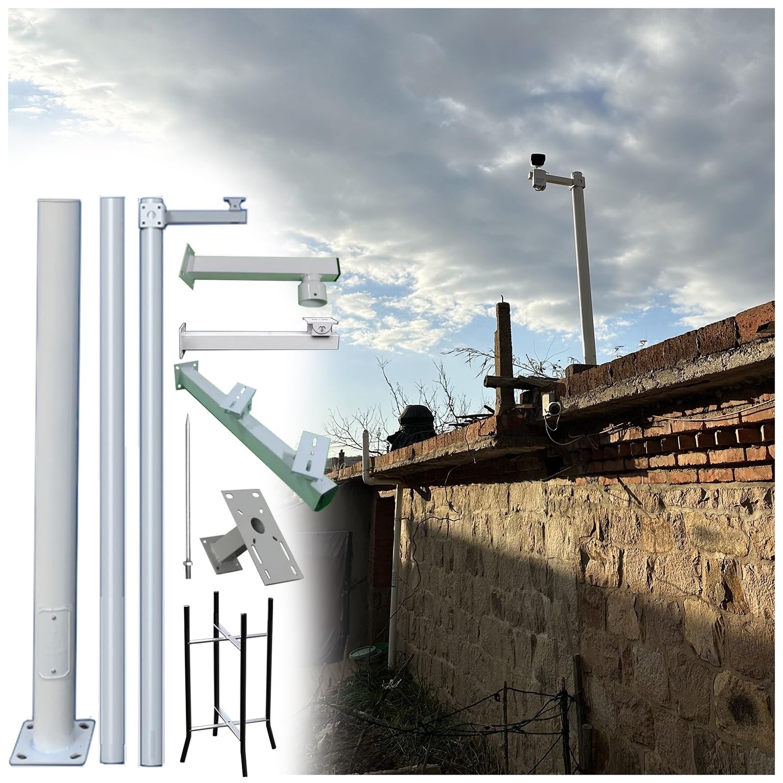 MRVAKDYDI Weatherproof Steel Surveillance Post, Galvanized Steel Security Camera Pole Lightning Rod For PTZ Dome CCTV White Multiple Sizes(H-4.5m/14.8ft(3 Sections))