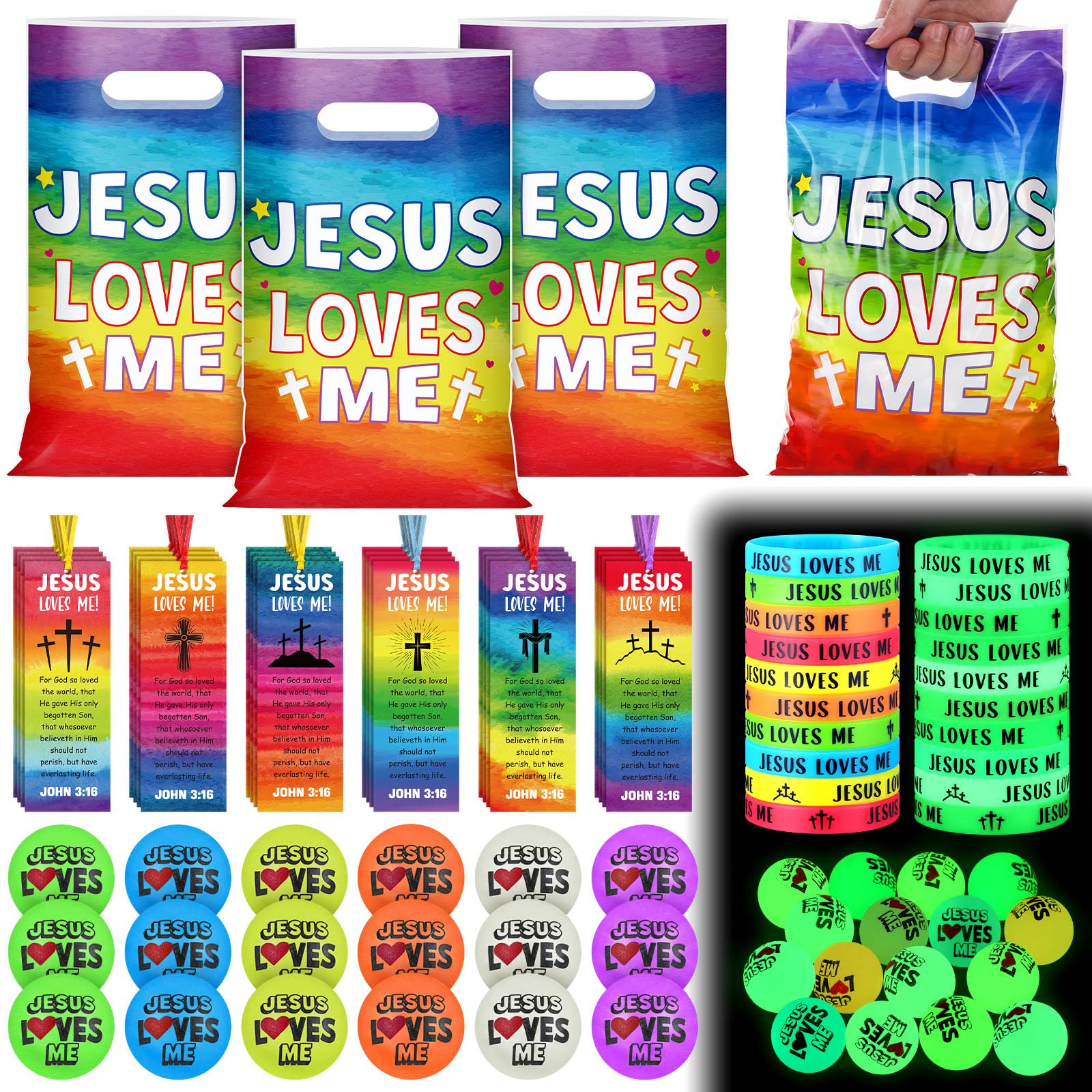 Kenning 120 Pcs/ 30 Sets Vbs 2026 Christian Gifts Jesus Loves Me Illumination Religious Plastic Goody Bags Glow in The Dark Bouncy Balls Wristbands Cards for Sunday School Church Party Supplies