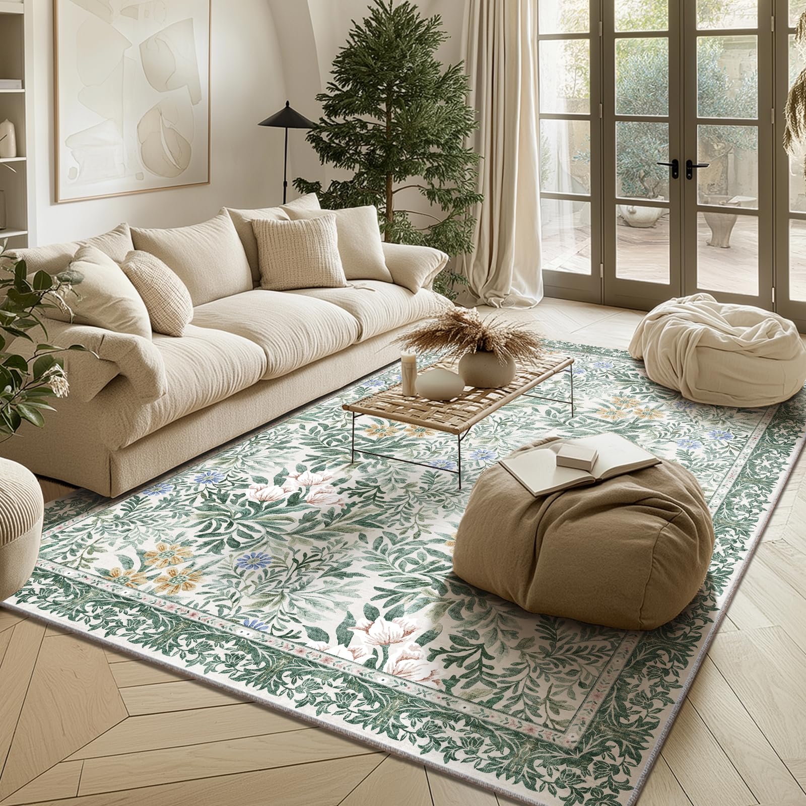 Botanical Floral Area Rug 5x7 Light Green Cream Vintage Garden Design, Perfect for Living Room, Bedroom, Kids Room, Nursery - Stain &amp; Water Resistant Non-Slip, Pet &amp; Child Friendly Area Rugs