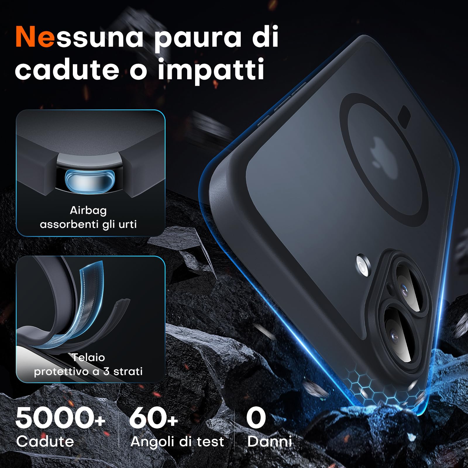 TOCOL Cover Magnetica per iPhone 16 6,1 Pollic, Compatibile con MagSafe, Protezione Fotocamera Integrata, Custodia Antiurto Traslucida Opaca, Nero