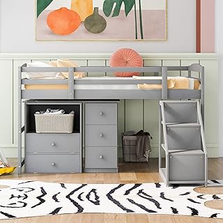 CITYLIGHT Low Loft Bed Twin Size with Desk and Stairs, Twin Size Loft Bed with Storage cabinets, Wooden Study Loft Bed Frame for Kids, Teens, Girls & Boys, No Box Spring Needed (Twin, Gray)