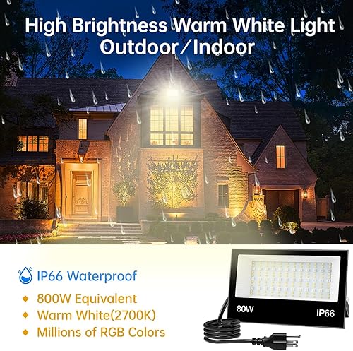 Miniatura 2 de Remon Luz de inundación LED para exteriores, equivalente a 800 W, 8000 lúmenes, iluminación inteligente RGB para paisaje, con control de aplicación,