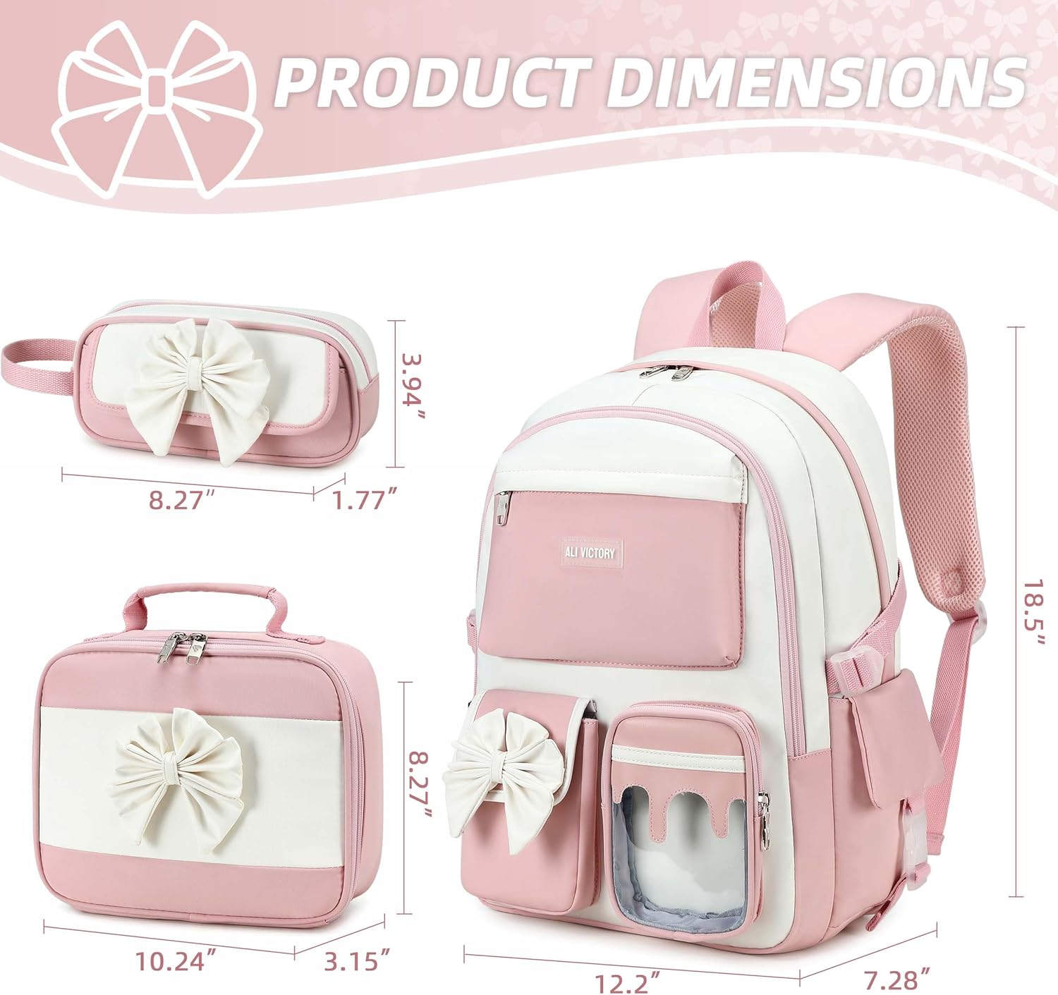 School Backpack for Girls 3PCS Nylon Kids Backpack Set with Lunch Box & Pencil Pouch, Cute Lightweight Teen Girls School Bag Laptop Bag Travel Daypack for Elementary Middle High School Beige Pink