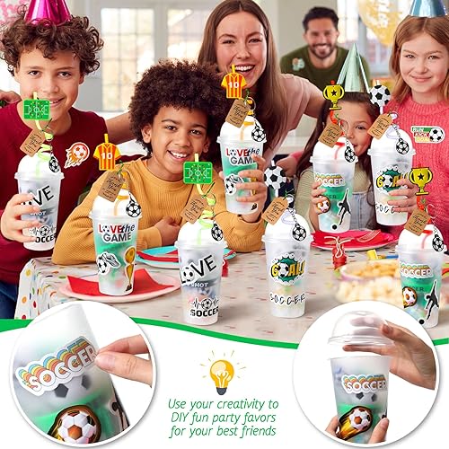 Miniatura 4 de Weysat Juego de 268 piezas de recuerdos de fiesta de fútbol para 24 personas, regalos de cumpleaños, tazas de golosinas con pajitas, llaveros,