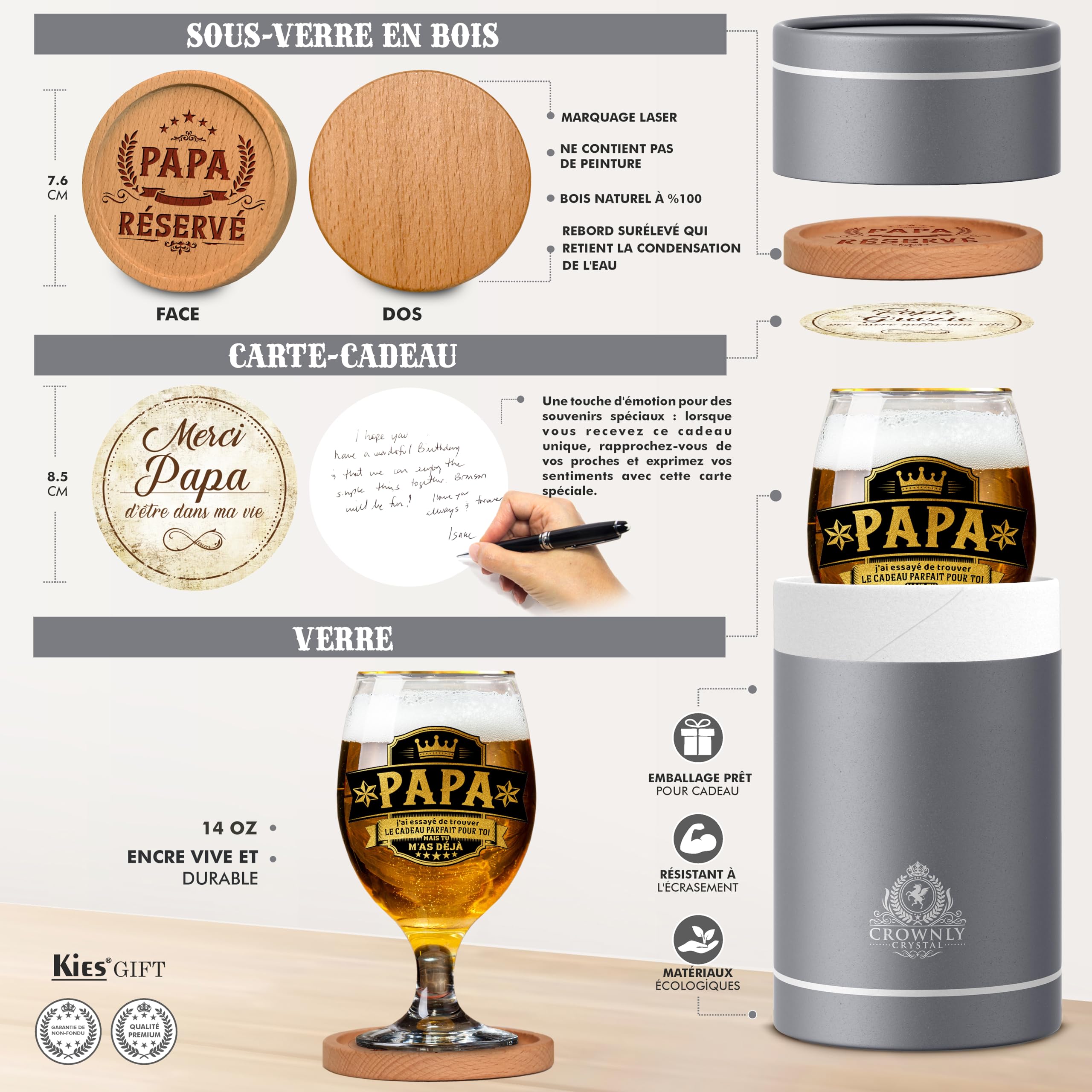 CROWNLY CRYSTAL® Verre à Bière Personnalisé Cadeau Papa Drôle Original Anniversaire Fête des Pères Idée Cadeau Homme