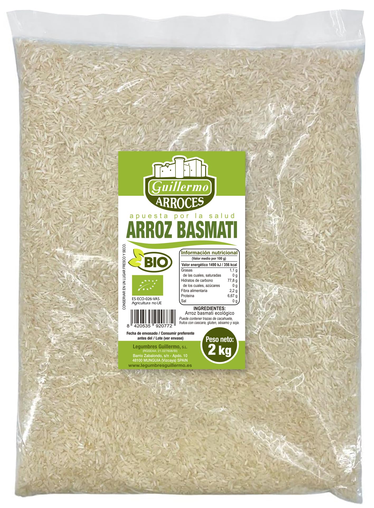 Guillermo | Arroz basmati blanco BIO - Bolsa 2kg. | 100% ecológico | Contiene minerales como el manganeso para activar el metabolismo | Hay que quitarle todo el almidón