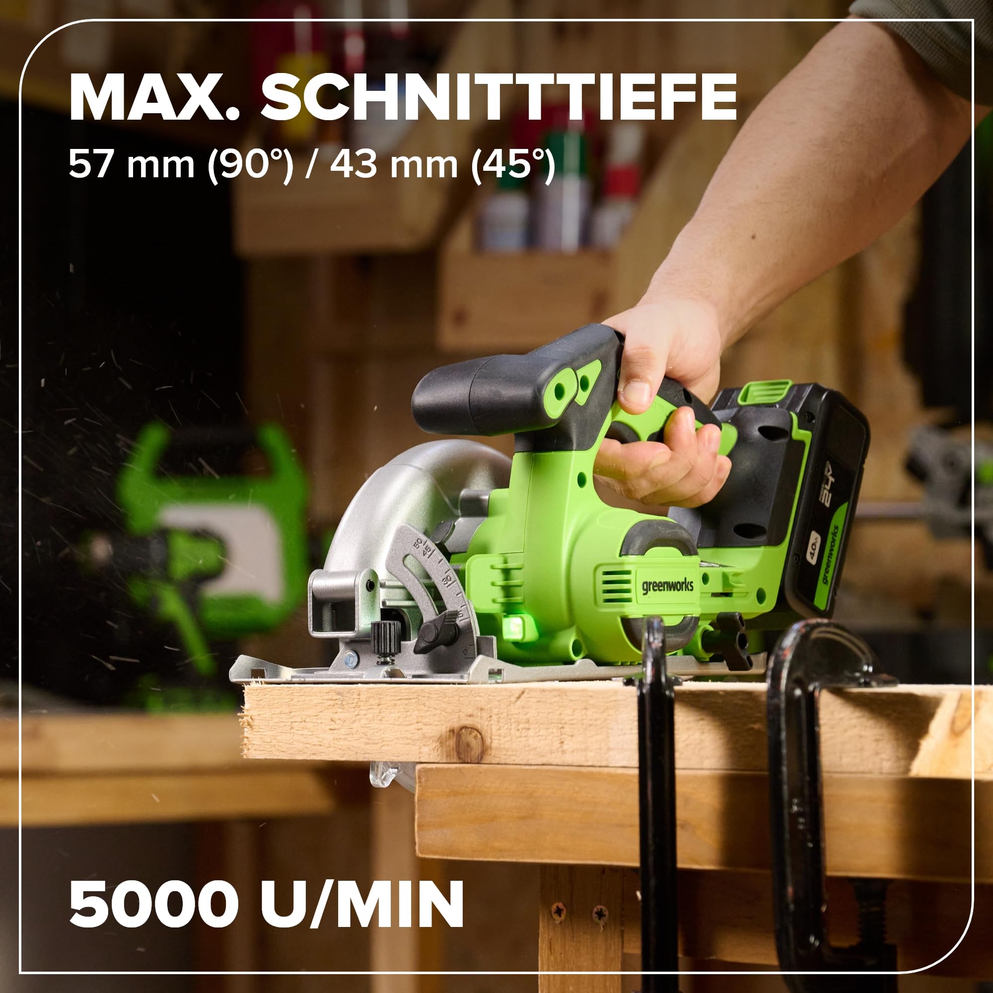 Greenworks 24 V, bezszczotkowa pilarka tarczowa 165 mm, 5000 obr./min, 20 mm brzeszczot, regulowana głębokość cięcia 45°/90°, światło LED, bez baterii i ładowarki CRG404