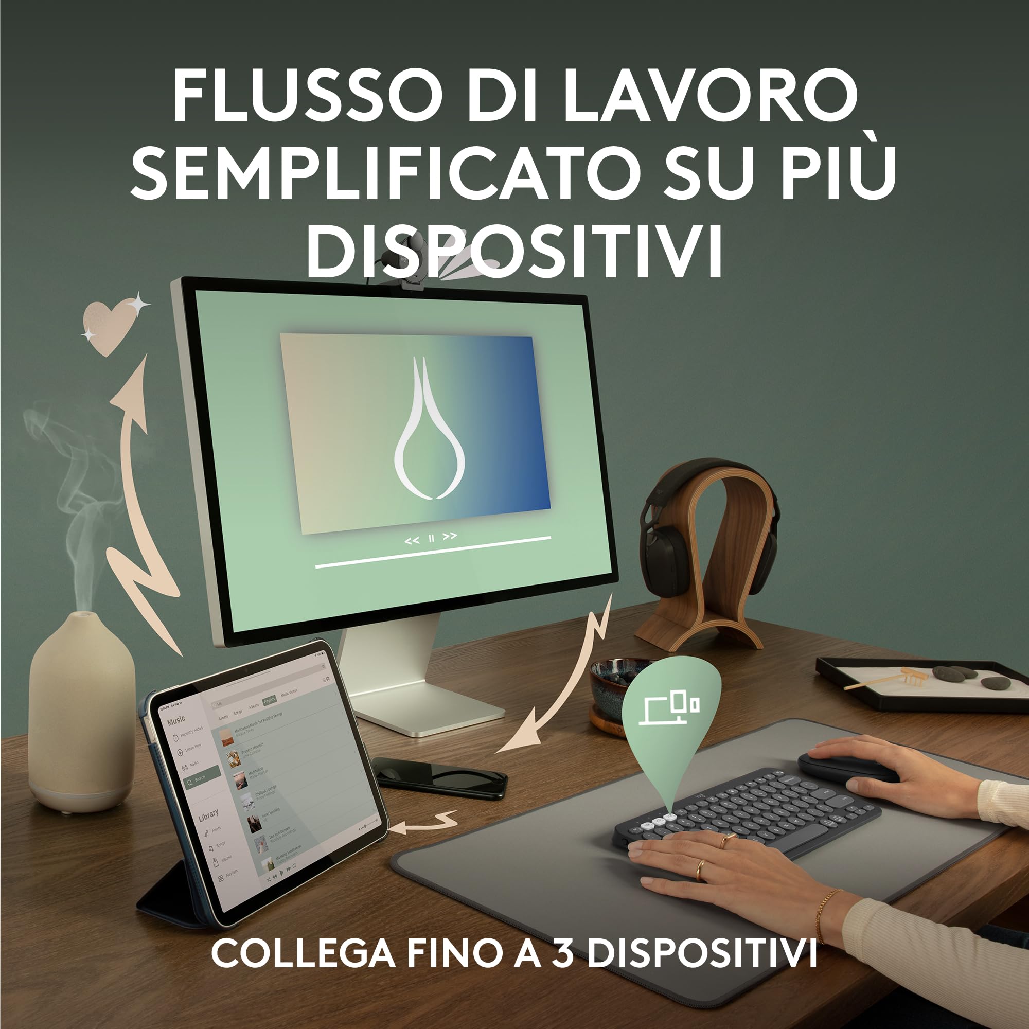 Logitech Pebble Keys 2 K380s, tastiera wireless Bluetooth multidispositivo con tasti di scelta rapida personalizzabili, Easy-Switch, Windows, macOS, iPadOS, Android, ChromeOS, italiano QWERTY