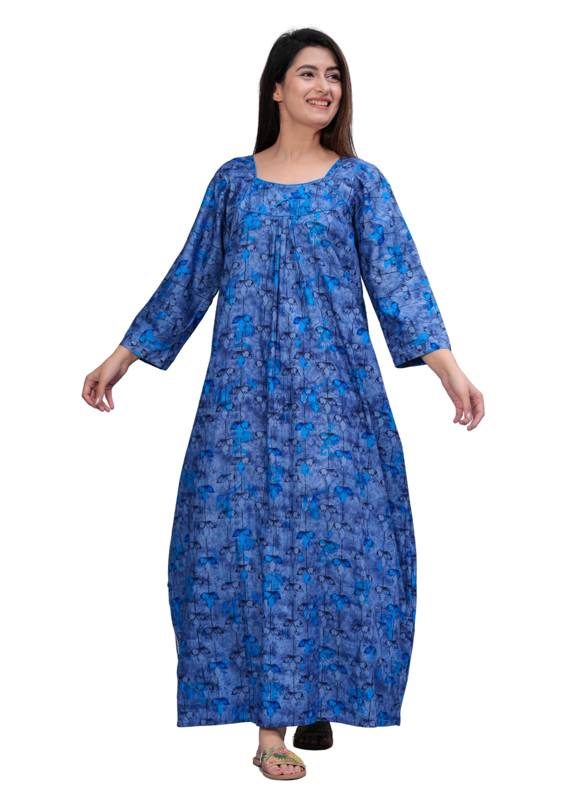 Women's Cotton Floral Print Full Sleeve Maxi Nightgown | Cotton Long Sleeves Nighty | Blue XL