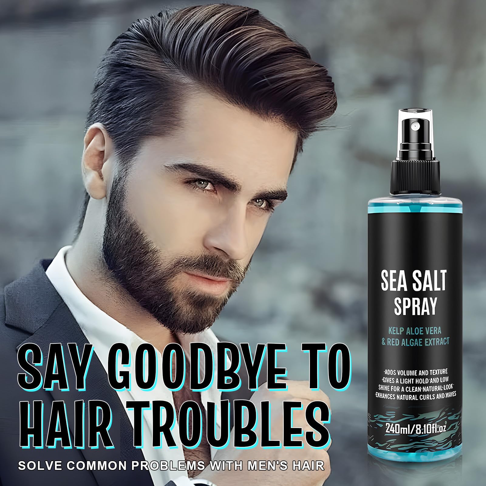 Spray Salino al Sale Marino, Acqua Marina per Capelli Uomo, Salt Spray Hair, Sea Salt Spray, Aggiunti Estratti di Alghe, Alghe Rosse e Aloe Vera, 240 ML