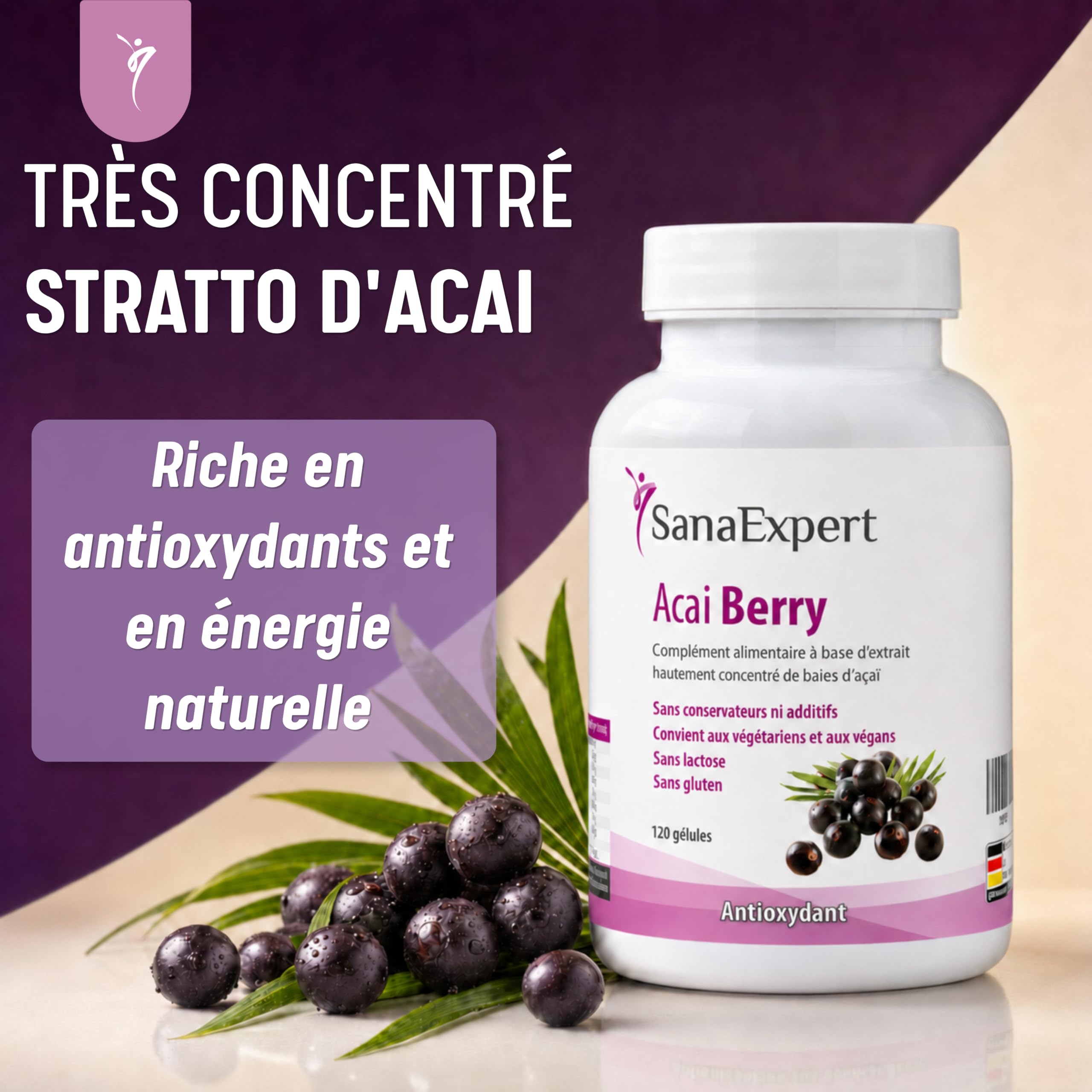 SanaExpert Acai Berry - Superaliment & Antioxydant Naturel - Extrait de Baies d'Açaï Pur - Complément Alimentaire en Gélules - Vegan - 120 Capsules