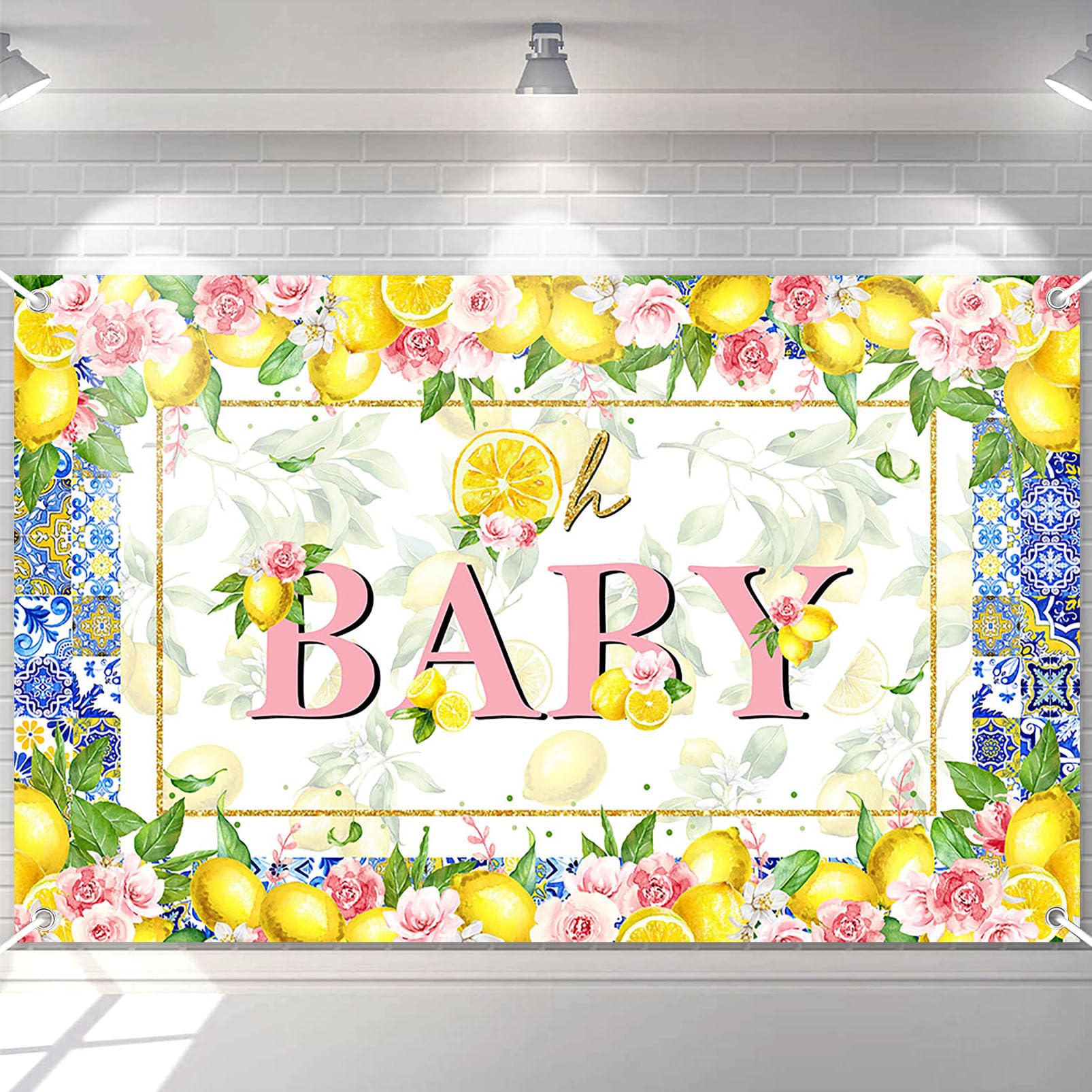 Avezano Lemon Baby Shower Backdrop for Girl Oh Baby Lemon Baby Shower Decorations Pink Flower Blue Tiles Morocco Mediterranean Lemon Baby Shower Banner Photo Booth Props 70.8 x 43.3 Inch