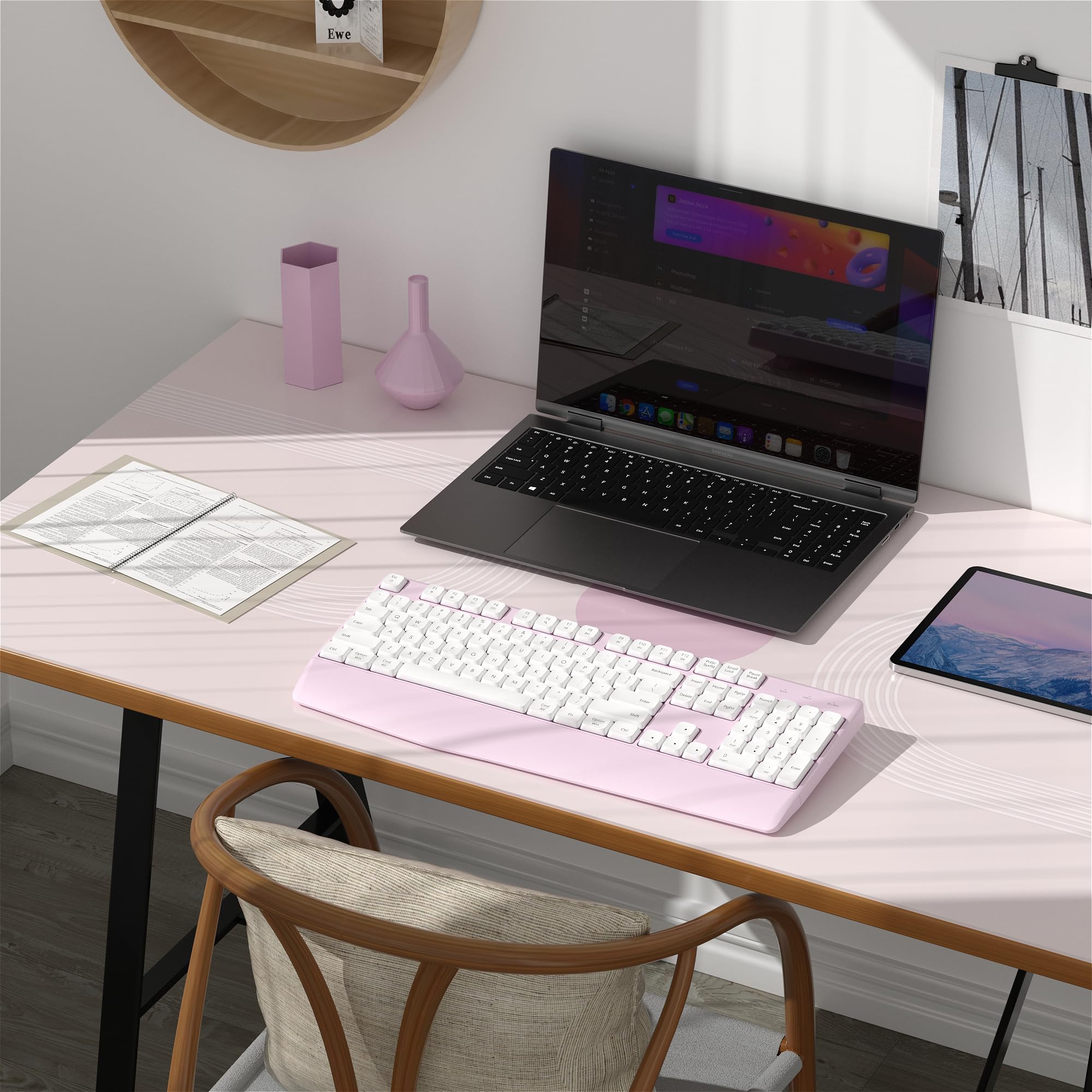 Tastiera Bluetooth senza fili, tastiera ergonomica con poggiapolsi, compatibile con PC/laptop/Windows/Mac, per uso domestico e ufficio (bianco e rosa)