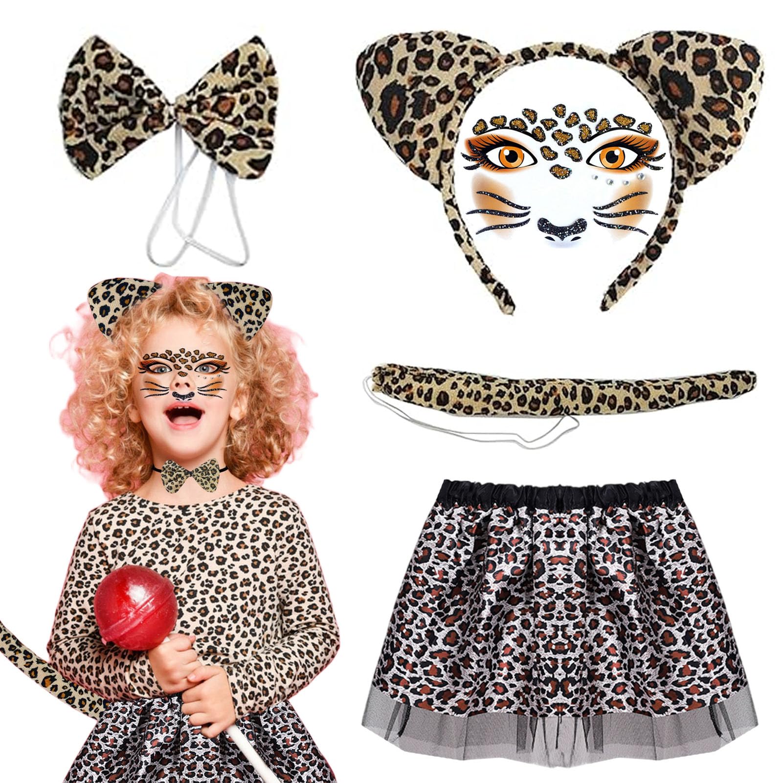 Forfamy Animal Costume Set Kids Pig/Black Cat/Leopard/Tiger/Giraffe/Lion Fancy Dress Up Outfits for World Book Day Costume