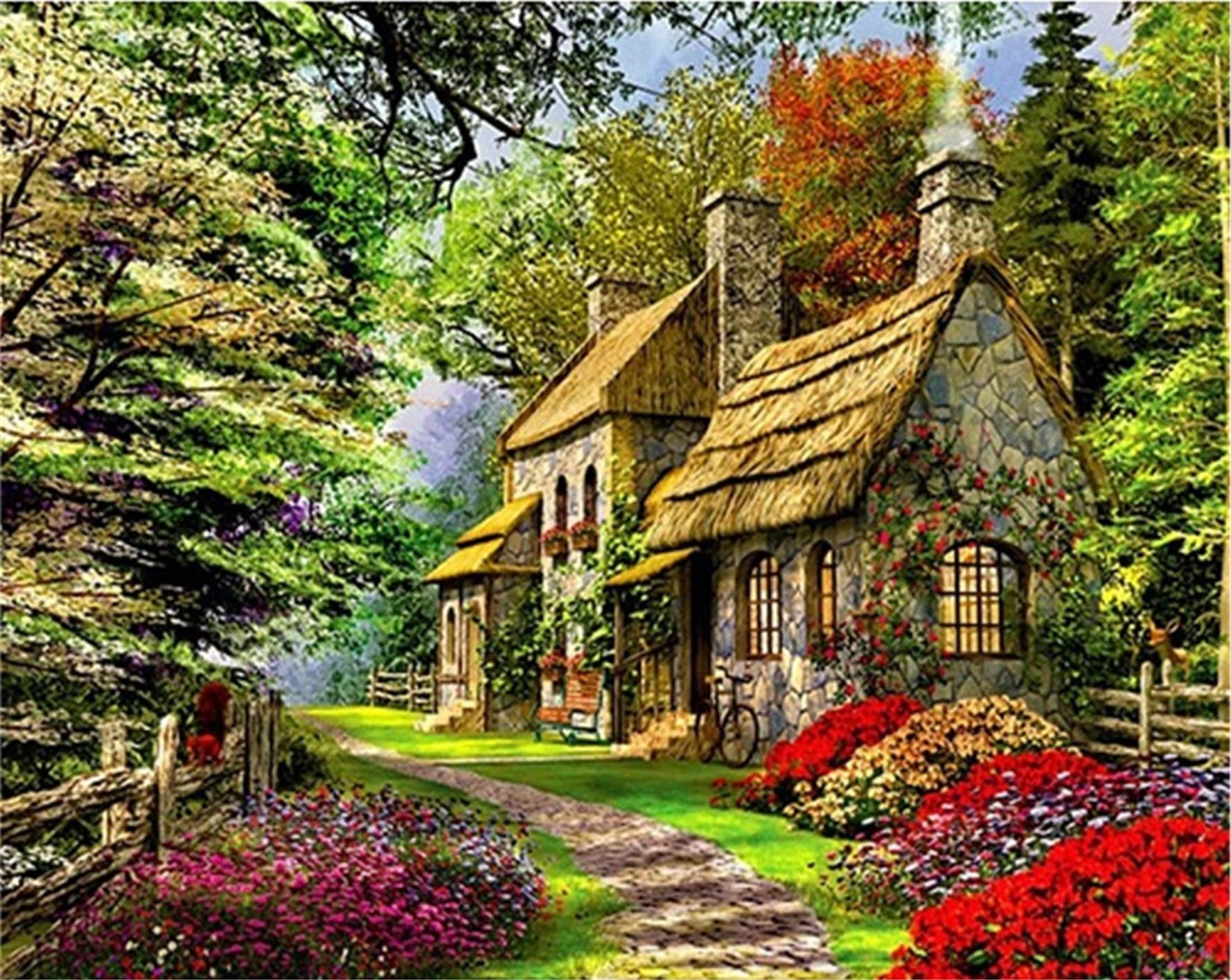 CaptainCrafts Paint by Numbers for Adults, Paint by Number DIY Oil Painting Paint by Number Kits Linen Canvas 16x20 Inch Wall Art House Decor Gifts (with Frame, Forest Village House)