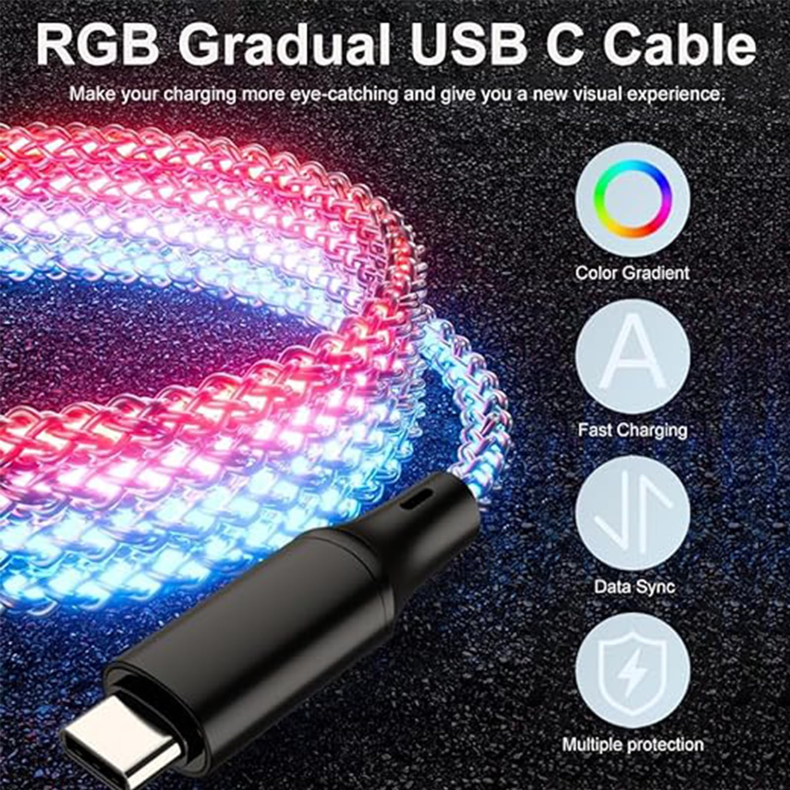 USB C auf Typ C LED beleuchtetes RGB USB C Ladekabel Schnellladekabel für iPhone 15 Pro Max Plus, iPad Mini Pro Air, MacBook und Galaxy Note Pixel usw. (66 W 91 cm)