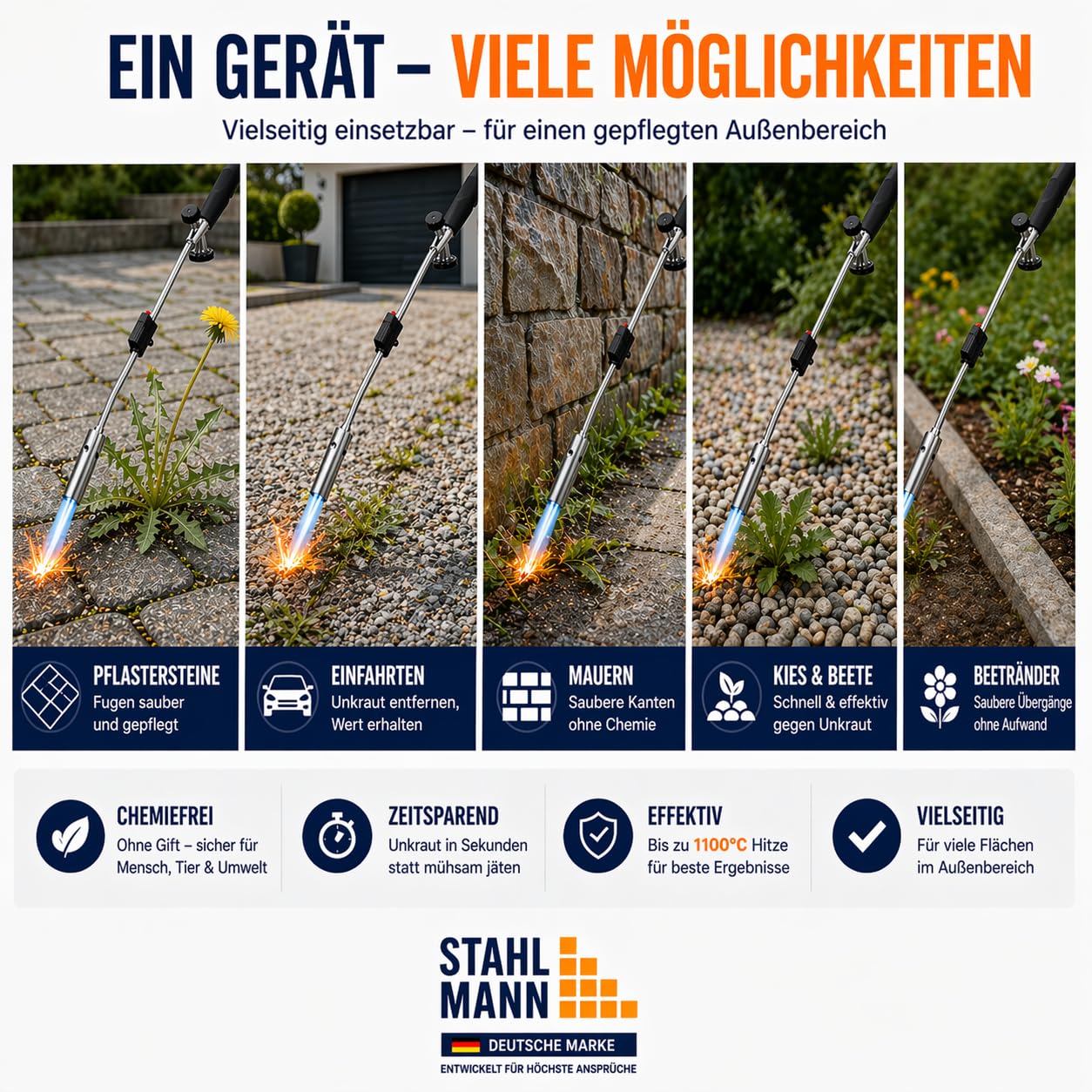 STAHLMANN®Unkrautvernichter inkl. Gaskartuschen - stabiler Unkrautbrenner mit Piezozündung stufenlos regulierbar – Unkrautentferner Gerät mit ergonomischen Griff (4 Kartuschen)