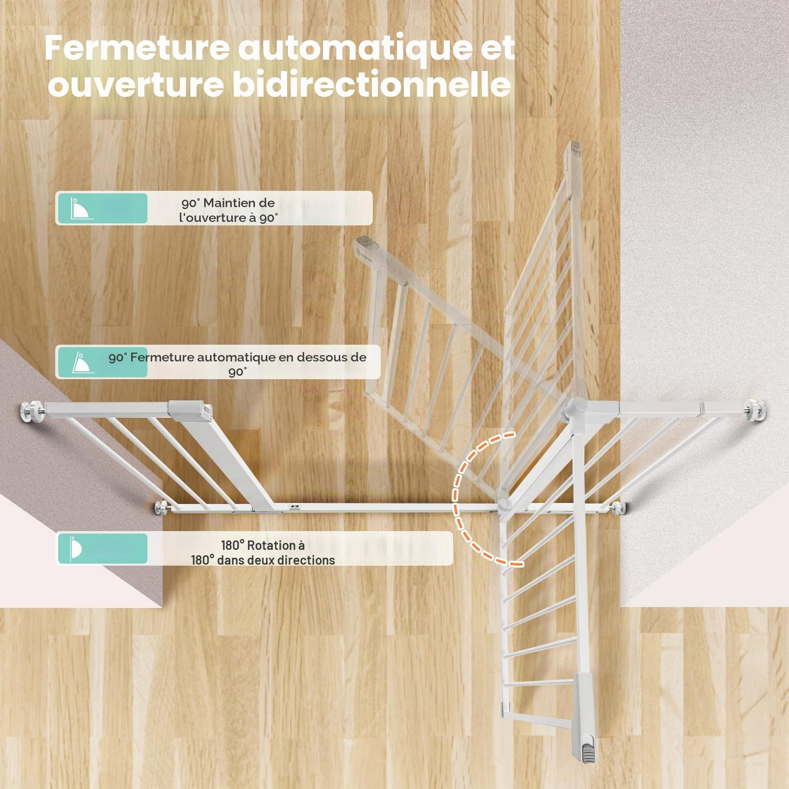 COMOMY Barriere de Securite Enfant Super Haute, 75-124cm Barriere Chien Escalier, sans Percage, Extensible, Fermeture Automatique, Monté sous Pression, Parfait pour Les Escaliers, Portes et Couloirs