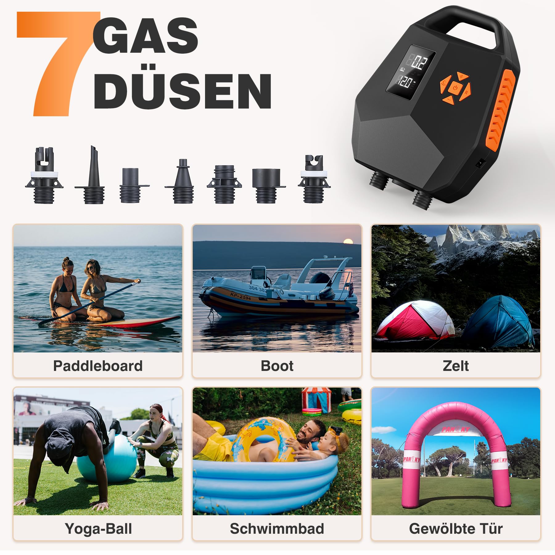 Pompa elektryczna SUP 20 PSI – Dwusilnikowa pompa powietrza z automatycznym wyłączaniem, adapter samochodowy 12 V do nadmuchiwanych desek, kajaków, łodzi – Cichy i szybki nadmuch