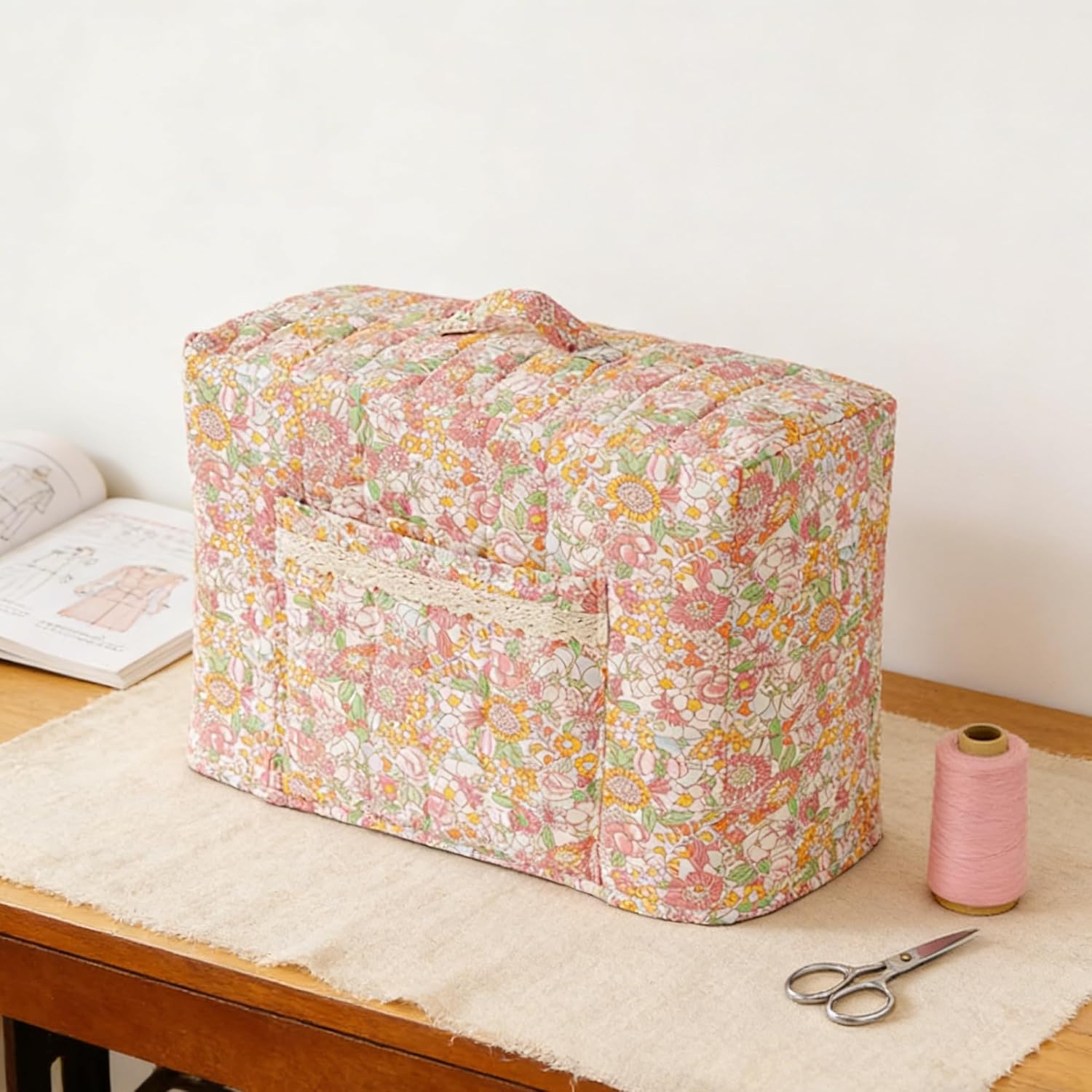 Sewing Machine Dust Cover, Floral Quilted Sewing Machine Cover with Pocket, Craft Room Sewings Supply Organizer (Orange, 17 Inches)