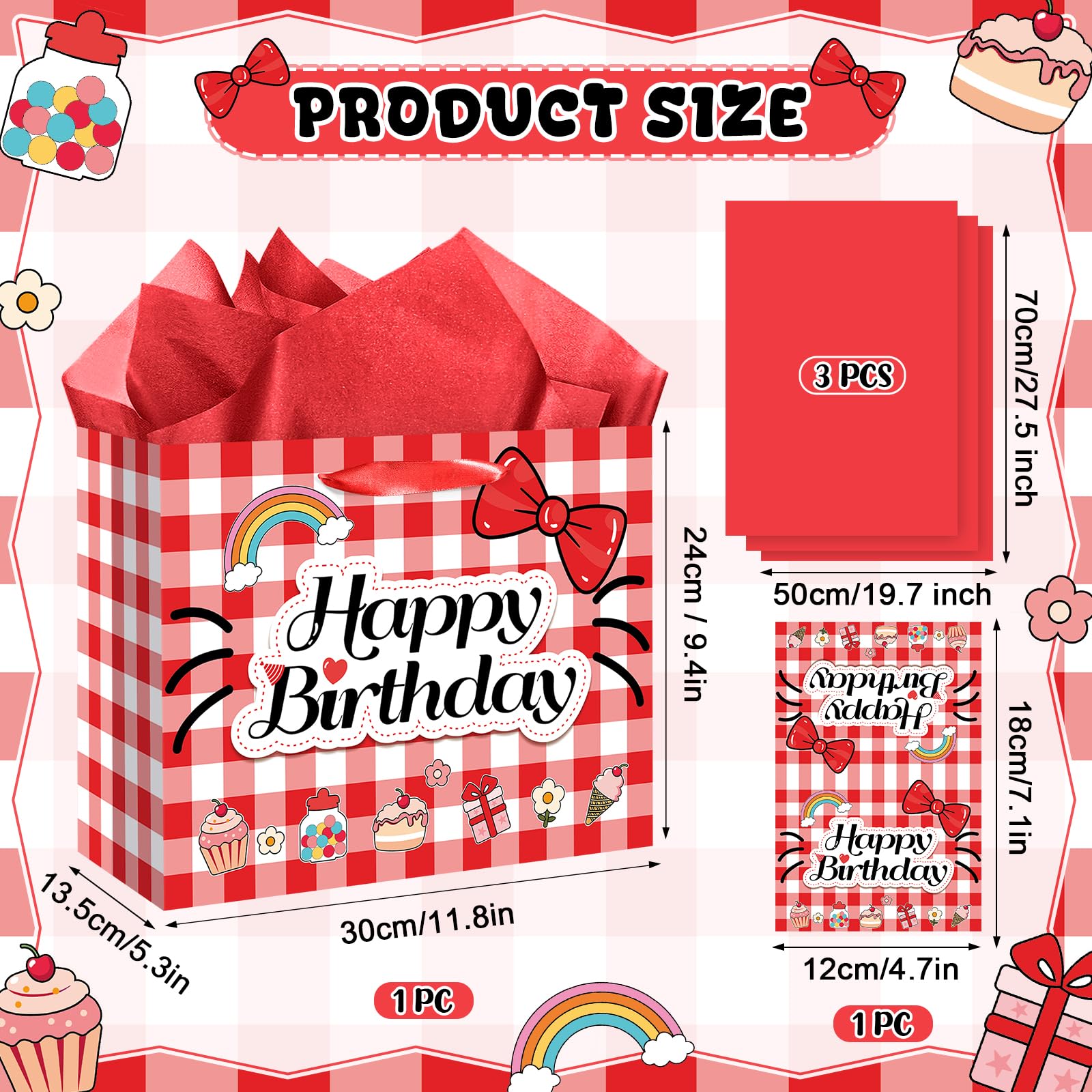 Red Gingham Cat Gift Bag Kawaii Cartoon Birthday Bag with Greeting Card & Tissue Paper - Rainbow Bowknot Cherry Sweet Party Favor Bag for Girls, Kids, Baby Shower, Picnic Party Supplies