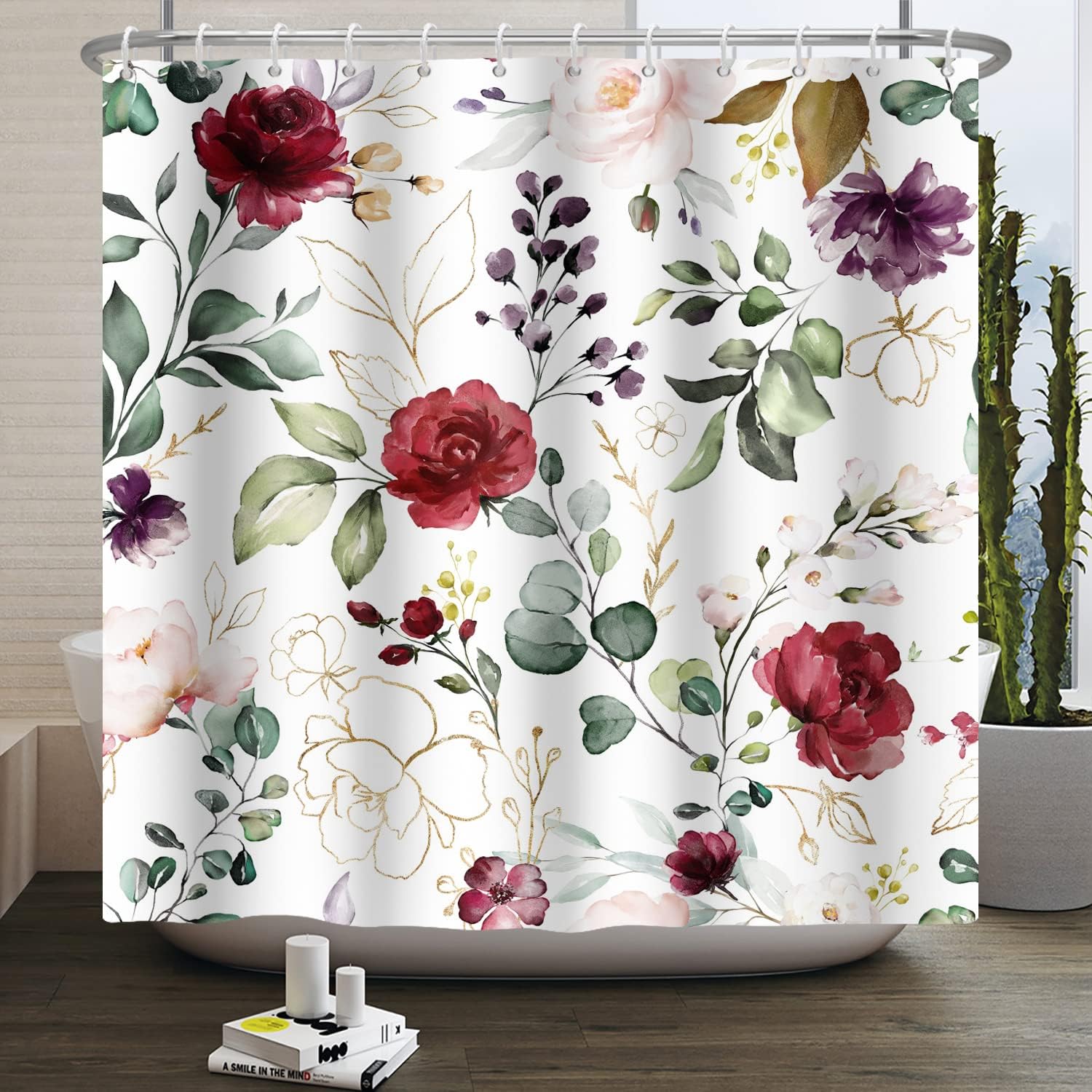Burgundy Red Floral Shower Curtain Plant Flower Watercolor