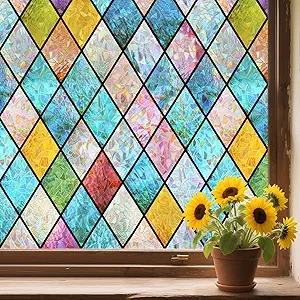 WPCTEV 3D Window Film No Glue Privacy for Glass Sticker Static Cling Heat Control Anti UV Non-Adhesive Decorative Rhombus 17.5 Inch x 6.5 Feet